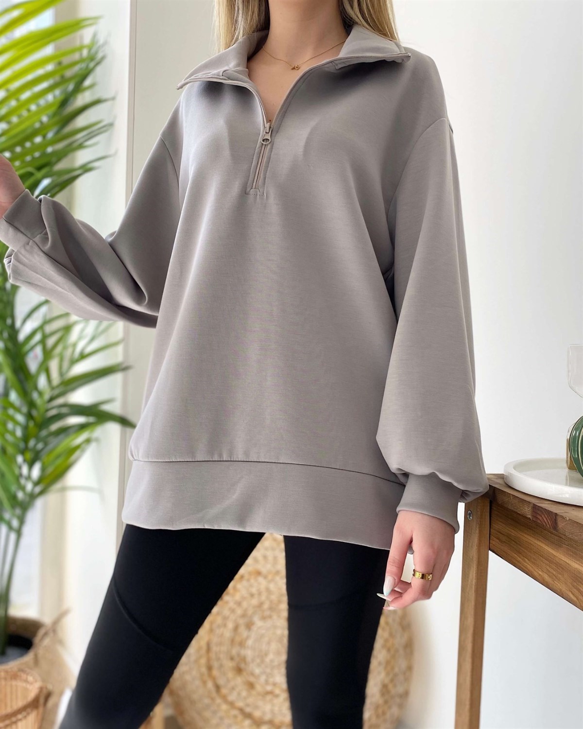 Half Fermuarlı Sweatshirt - Gri