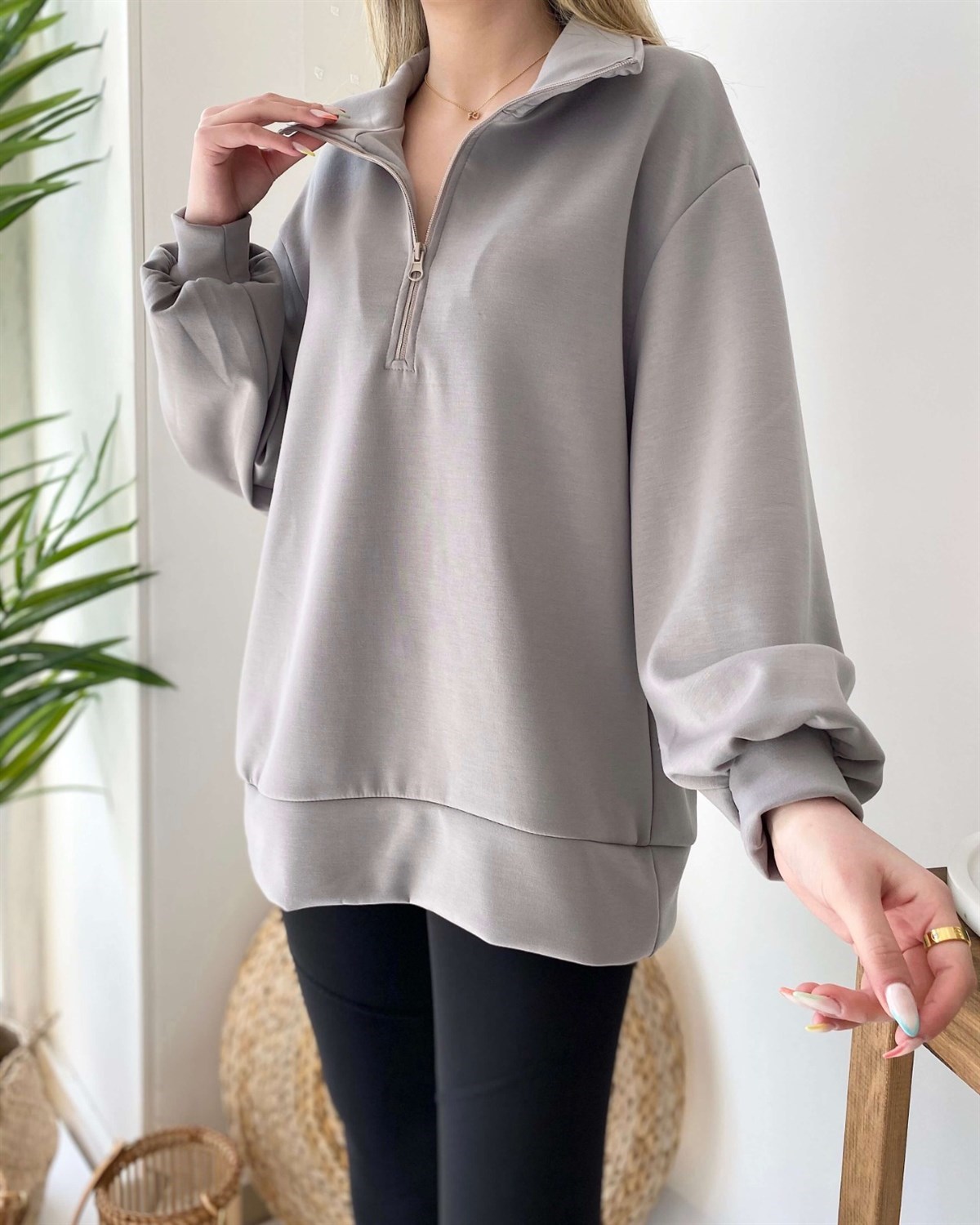 Half Fermuarlı Sweatshirt - Gri