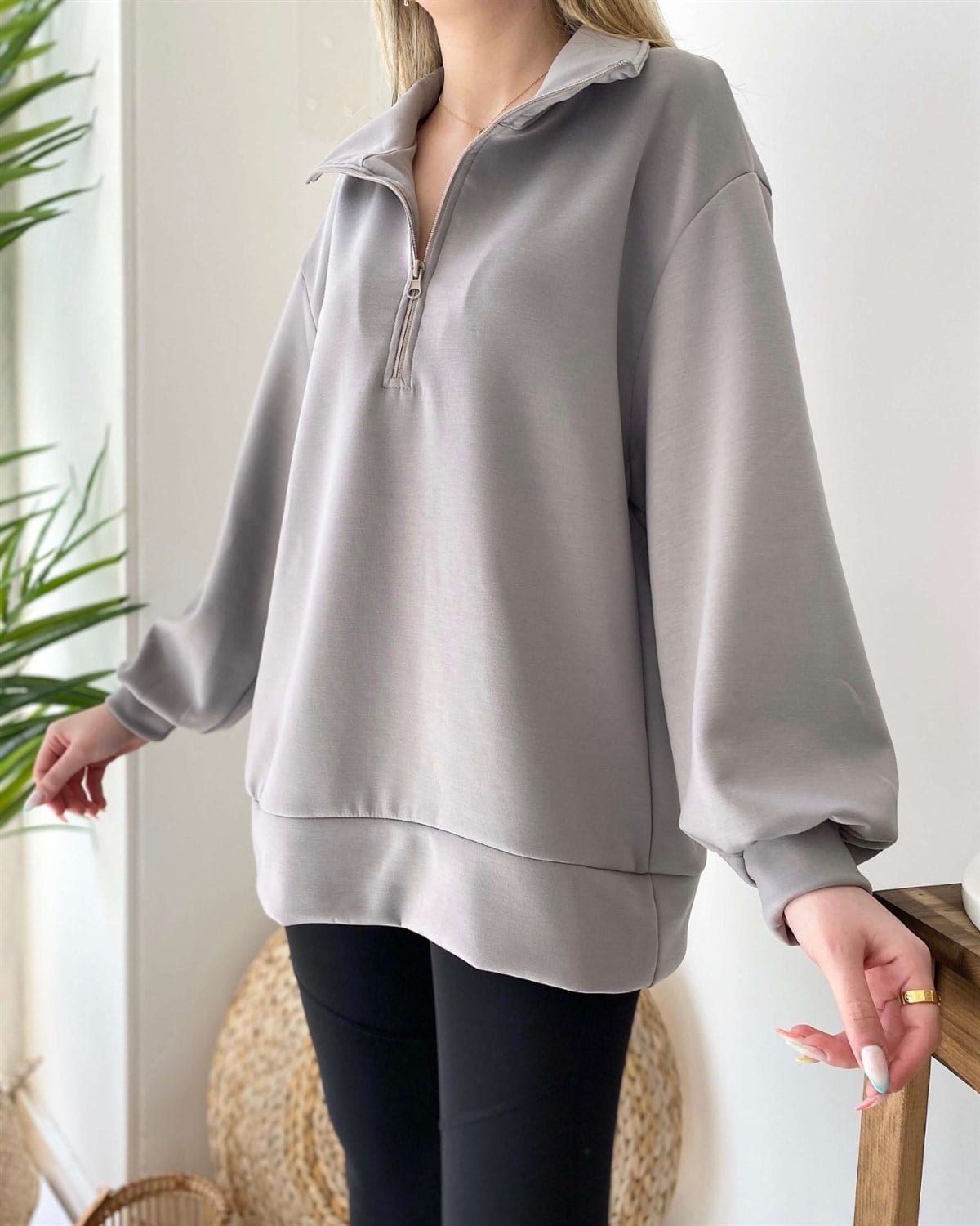 Half Fermuarlı Sweatshirt - Gri