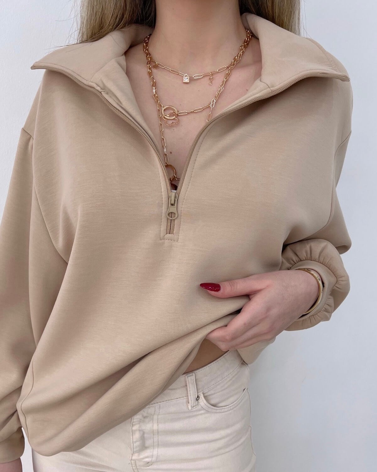 Half Fermuarlı Sweatshirt - Vizon