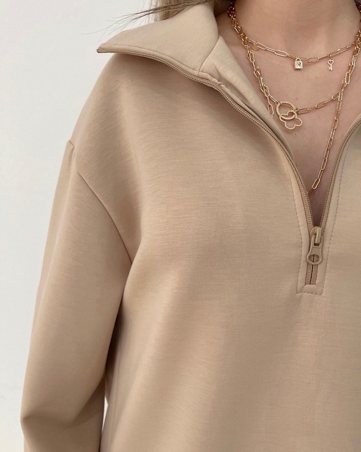 Half Fermuarlı Sweatshirt - Vizon