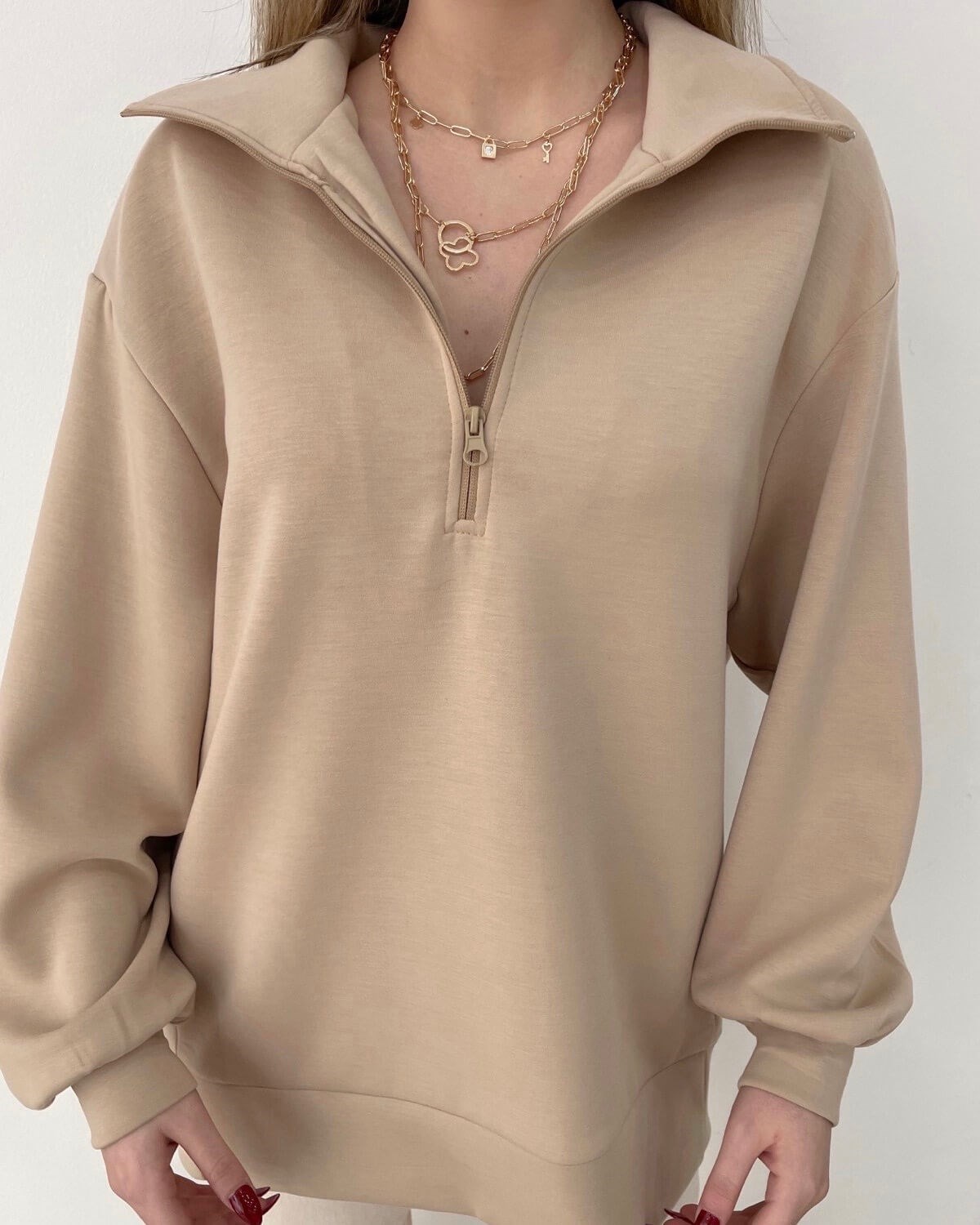 Half Fermuarlı Sweatshirt - Vizon