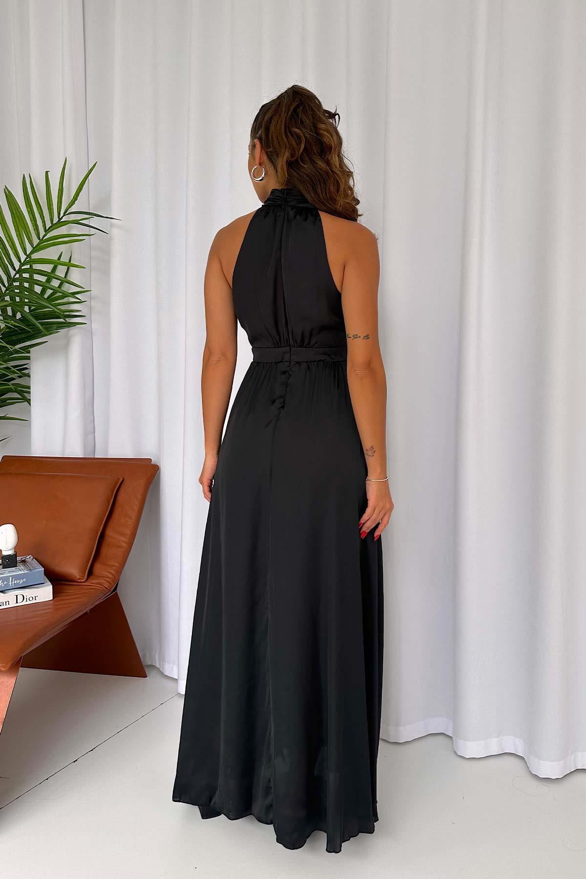 Halter Yaka Saten Kadın  Elbise - Siyah