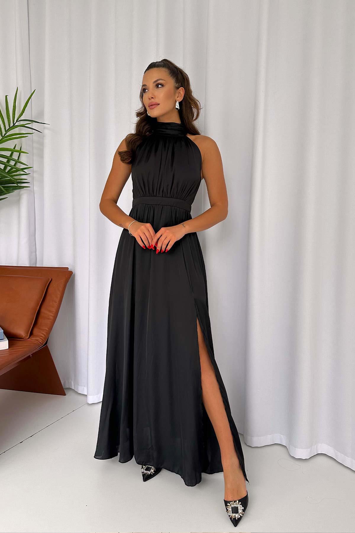 Halter Yaka Saten Kadın  Elbise - Siyah