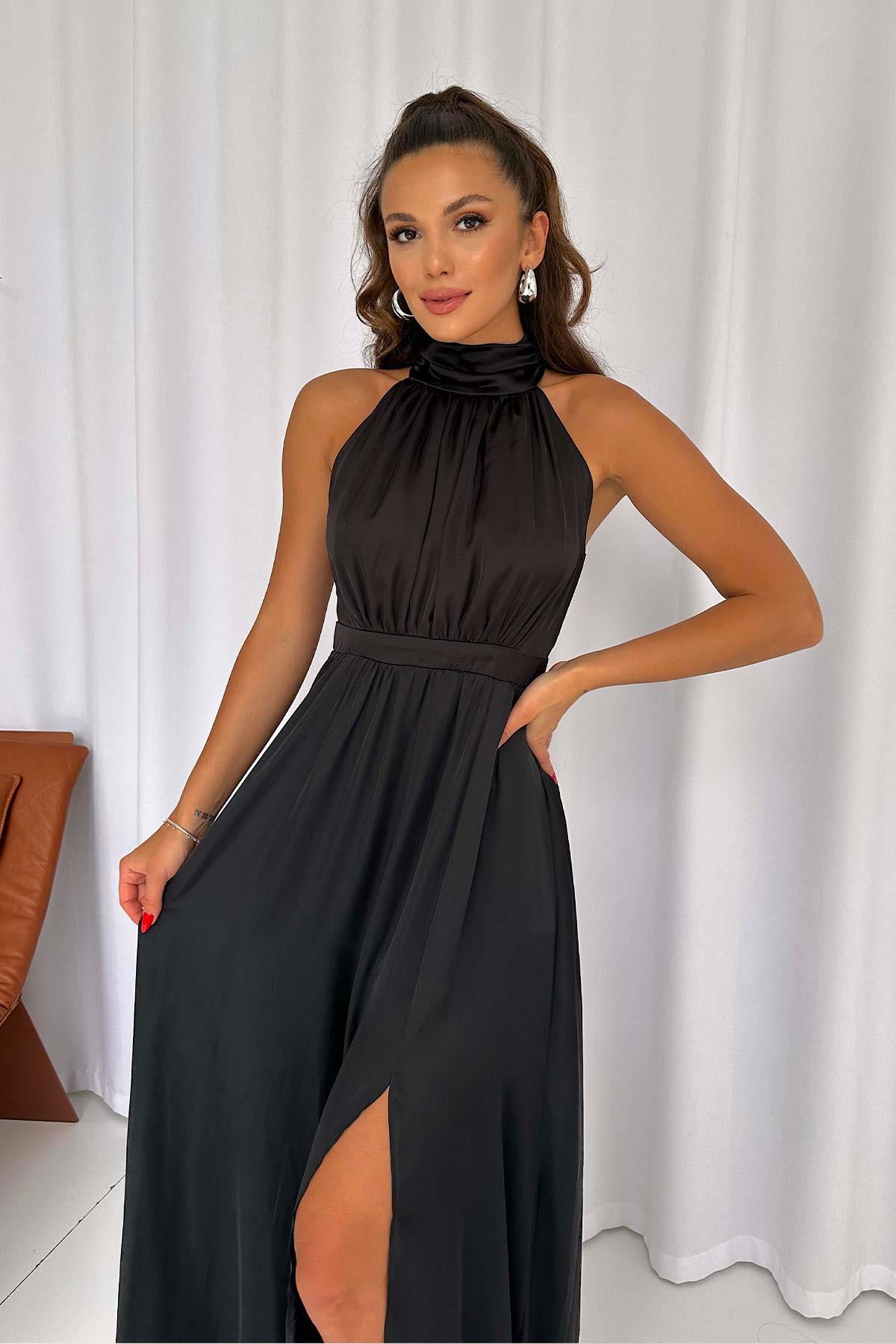 Halter Yaka Saten Kadın  Elbise - Siyah
