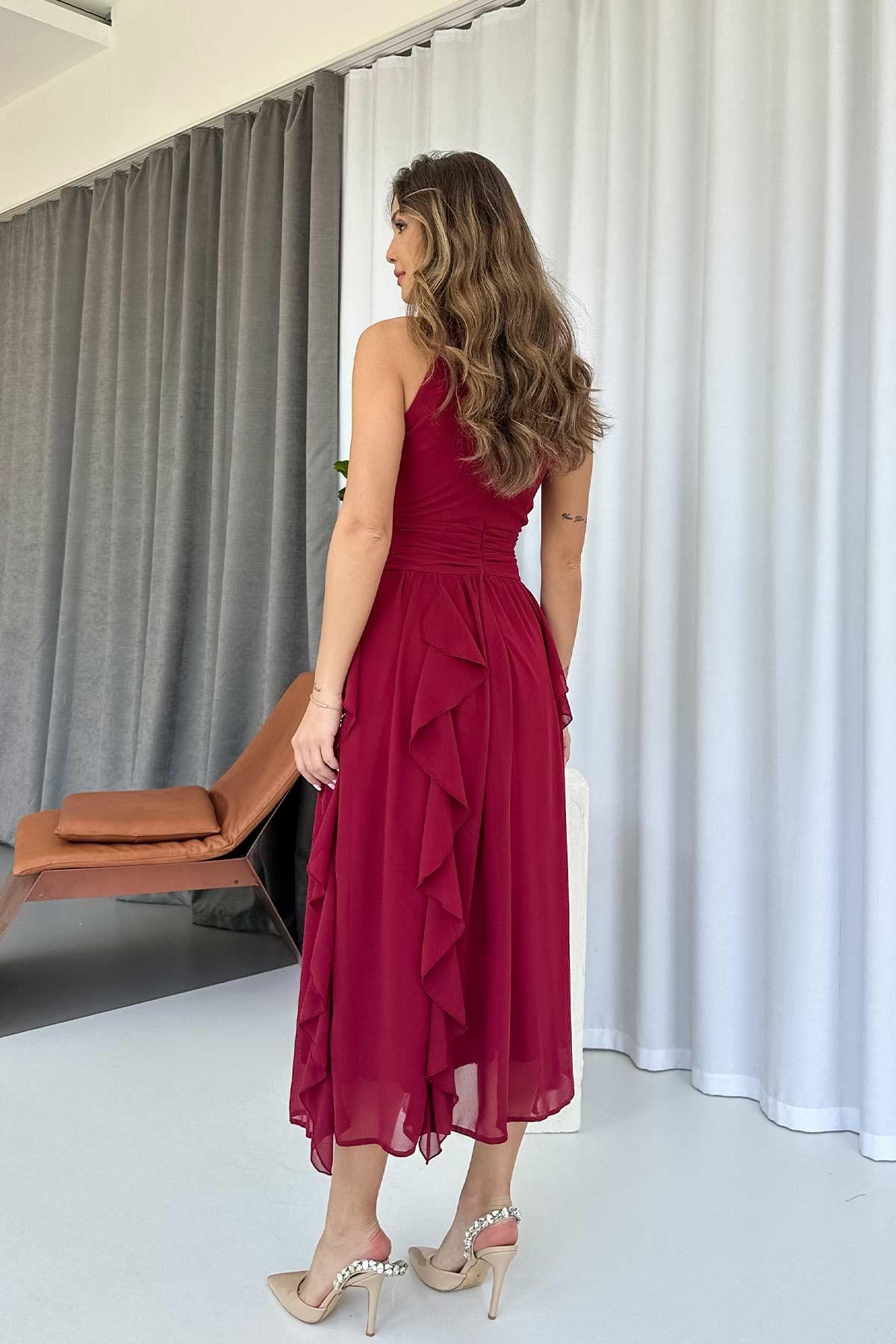 Halter Yaka Şifon Etek Ucu Detaylı Elbise - Bordo