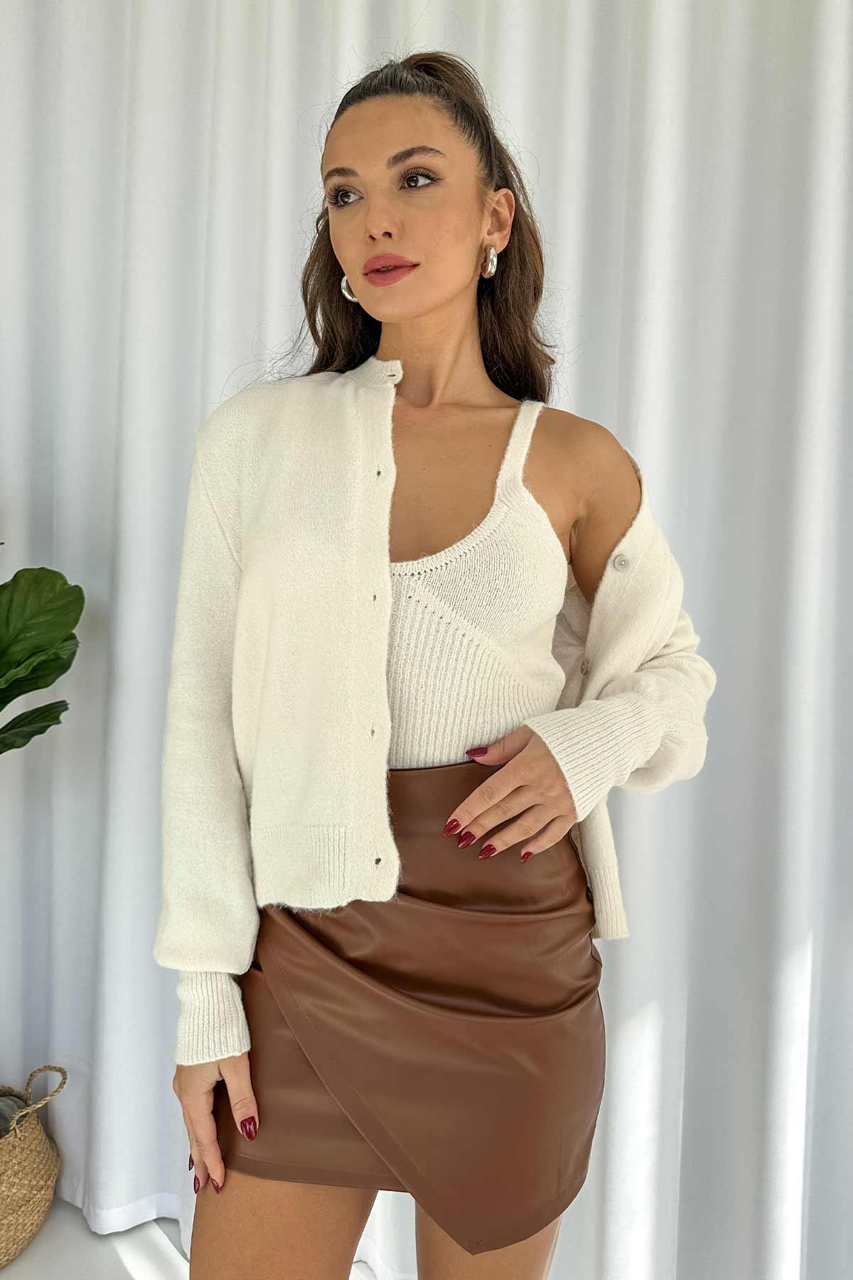 Hırka Atlet 2'li Triko Takım - Ekru
