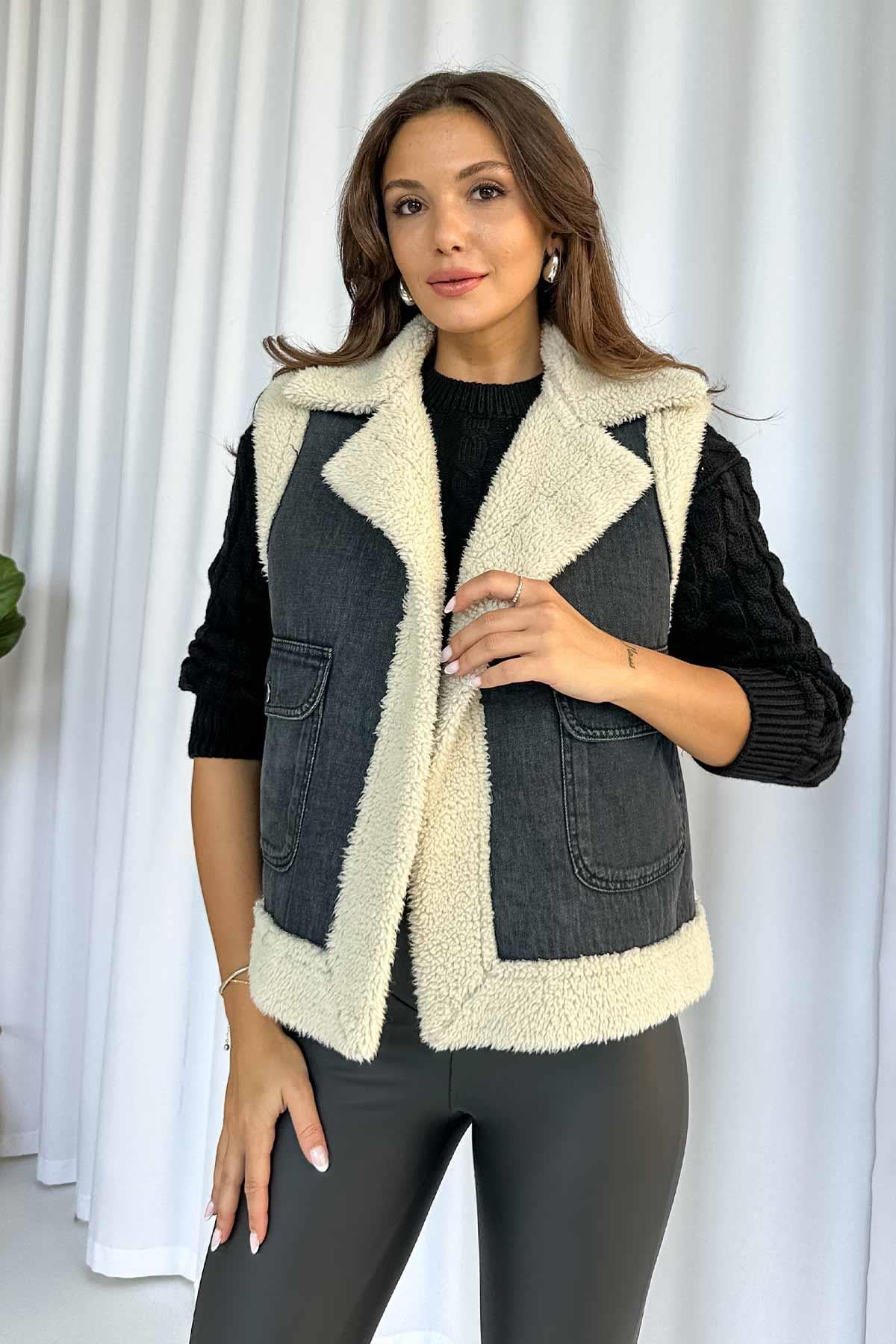 İçi Kürk Detaylı Kot Yelek - Siyah