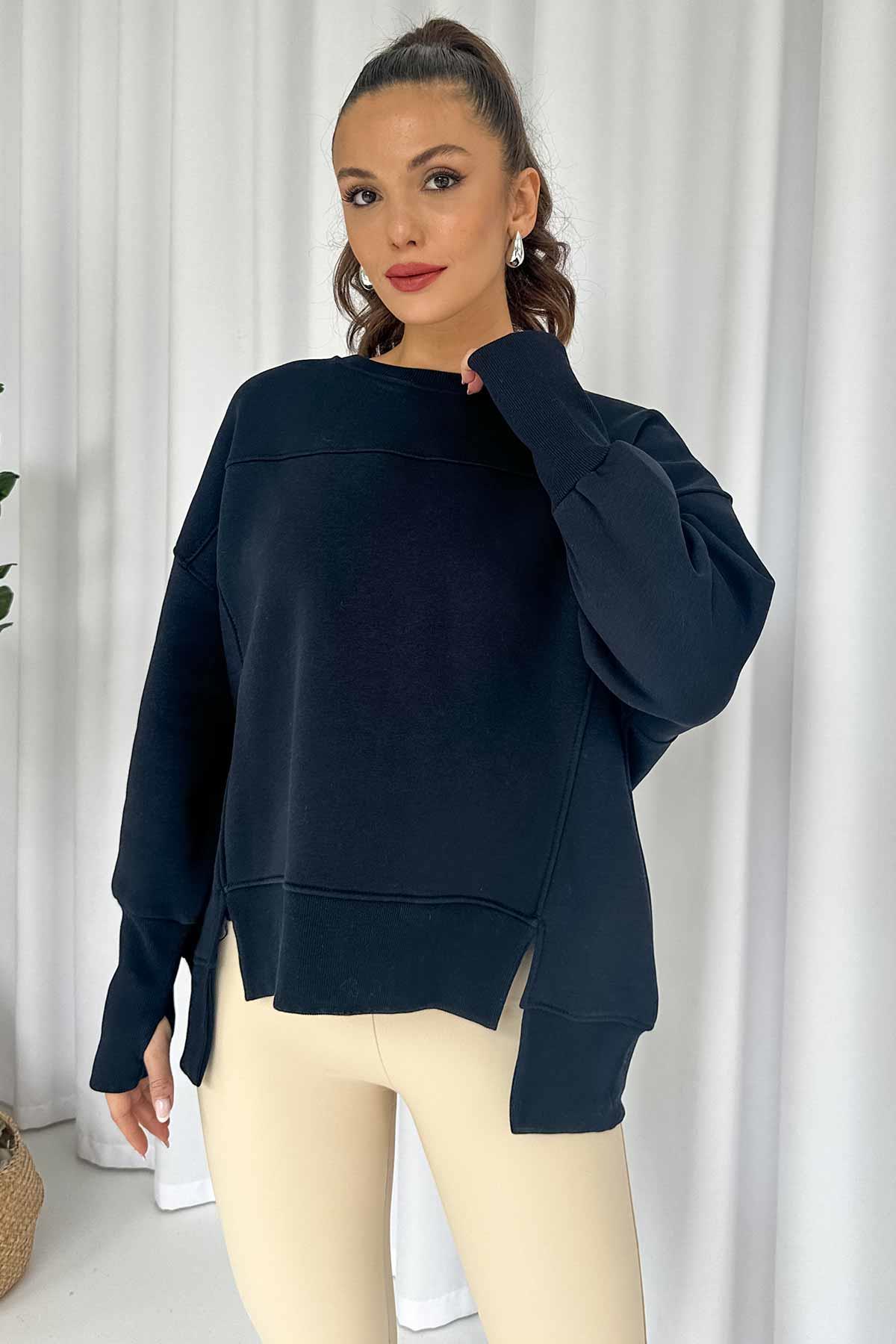 İçi Şardonlu 3 iplik Parmak Detaylı Kadın Swatshirt - Lacivert