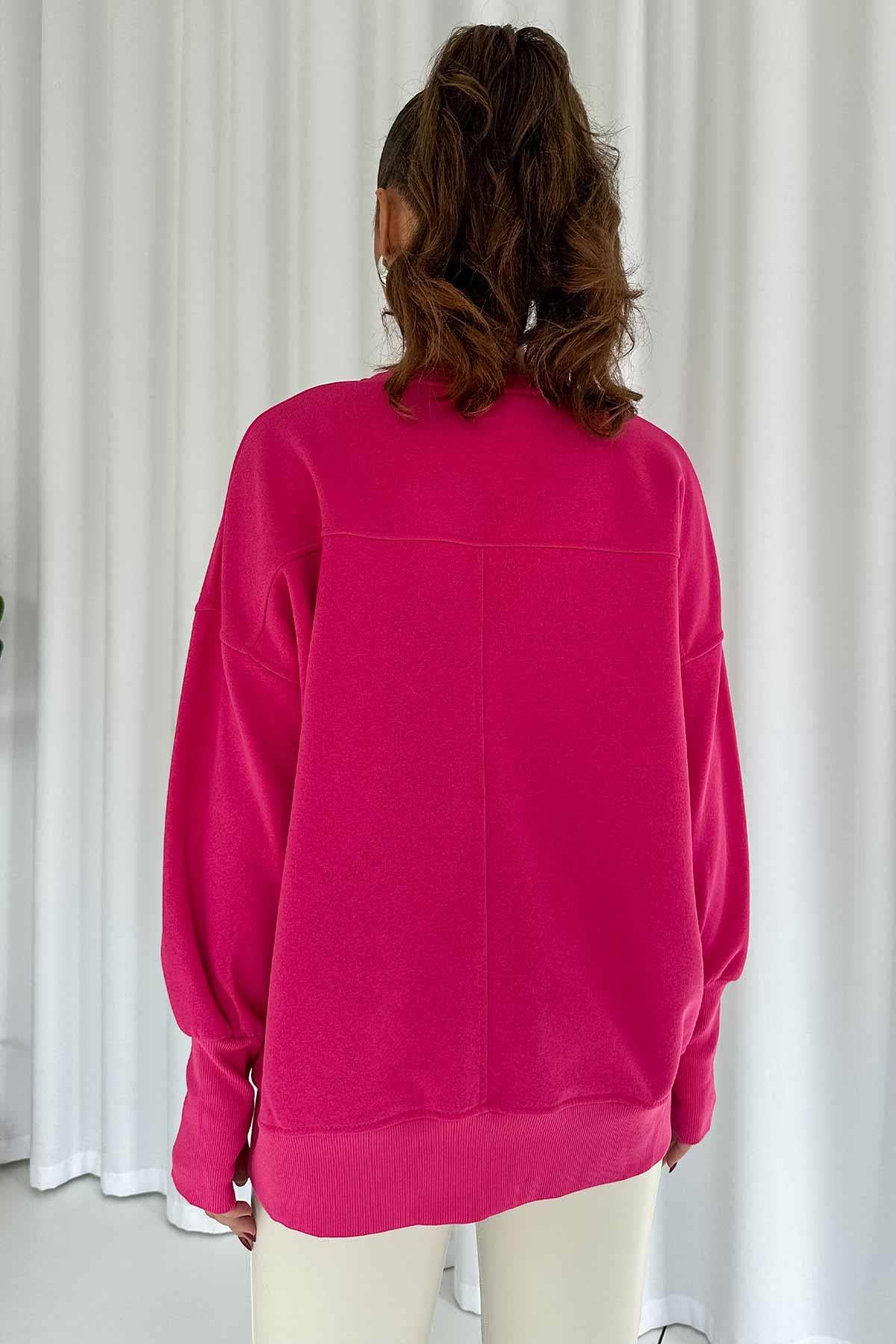İçi Şardonlu 3 iplik Parmak Detaylı Kadın Sweatshirt - Pembe