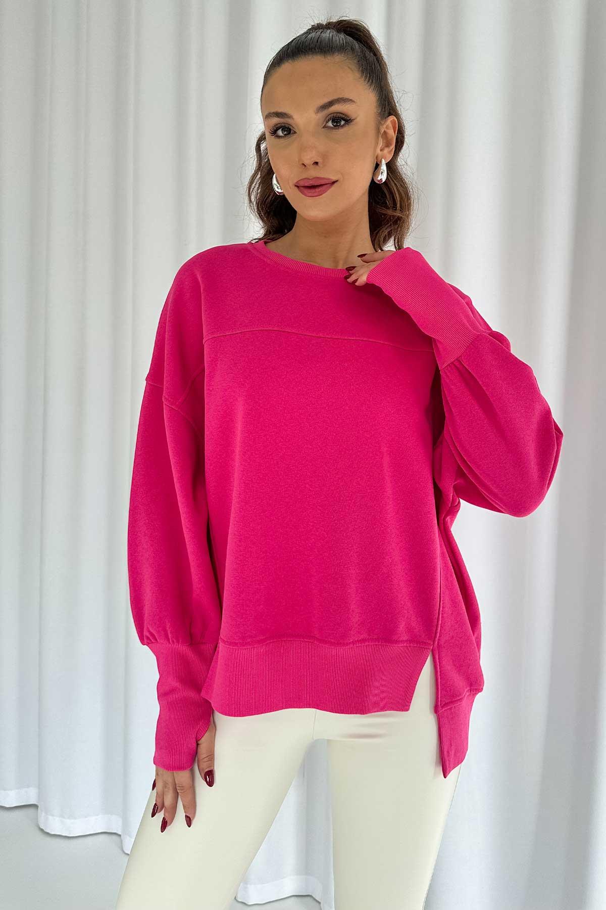 İçi Şardonlu 3 iplik Parmak Detaylı Kadın Sweatshirt - Pembe
