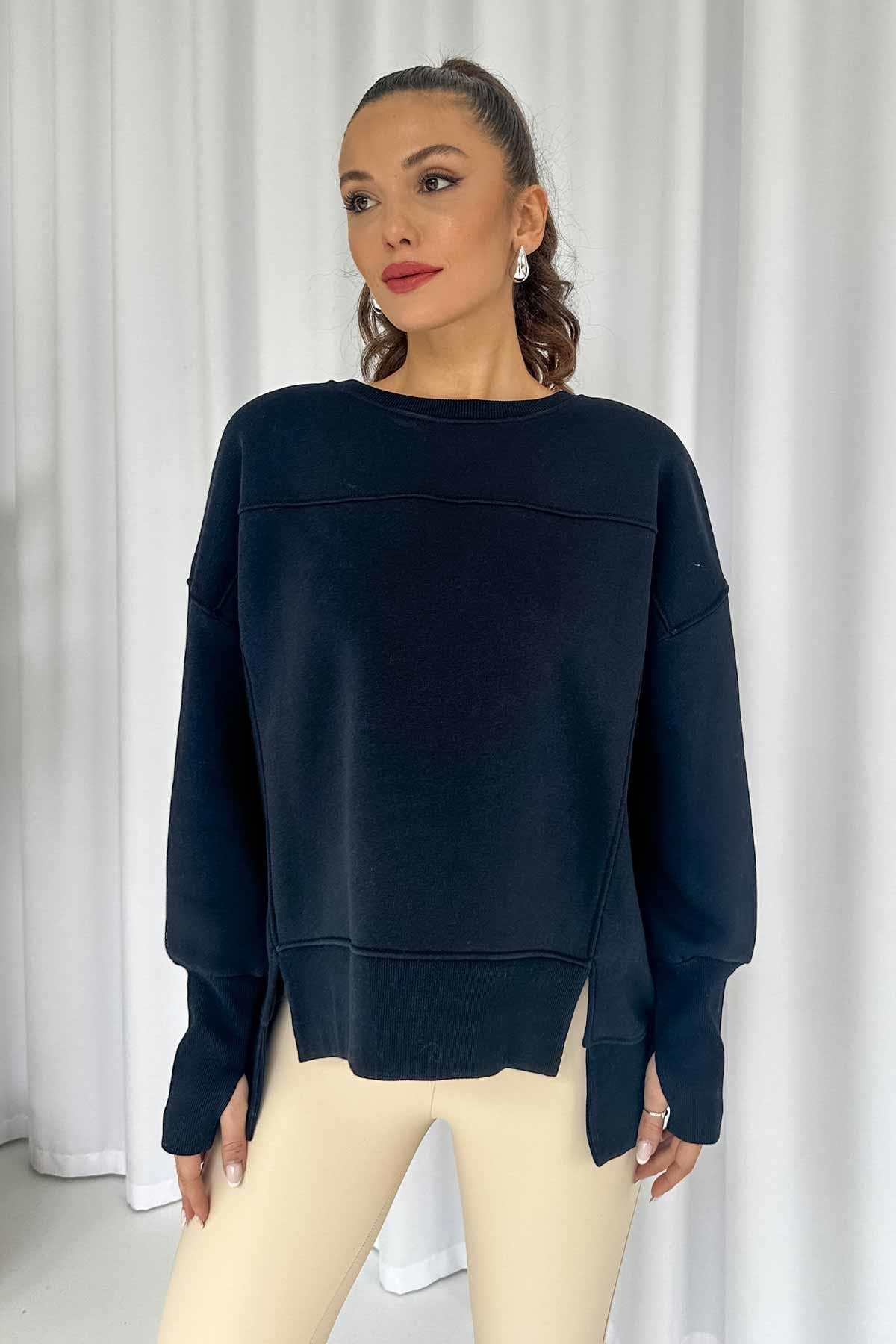 İçi Şardonlu 3 iplik Parmak Detaylı Kadın Swatshirt - Lacivert