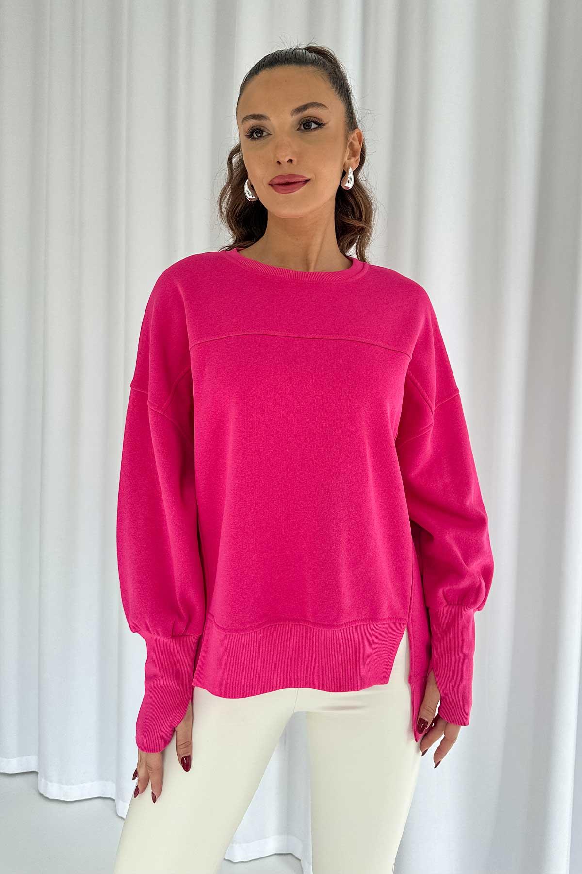 İçi Şardonlu 3 iplik Parmak Detaylı Kadın Sweatshirt - Pembe