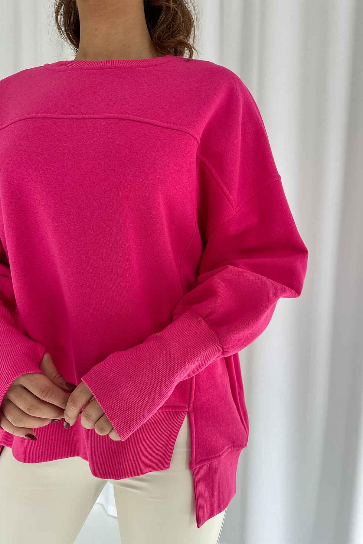 İçi Şardonlu 3 iplik Parmak Detaylı Kadın Sweatshirt - Pembe