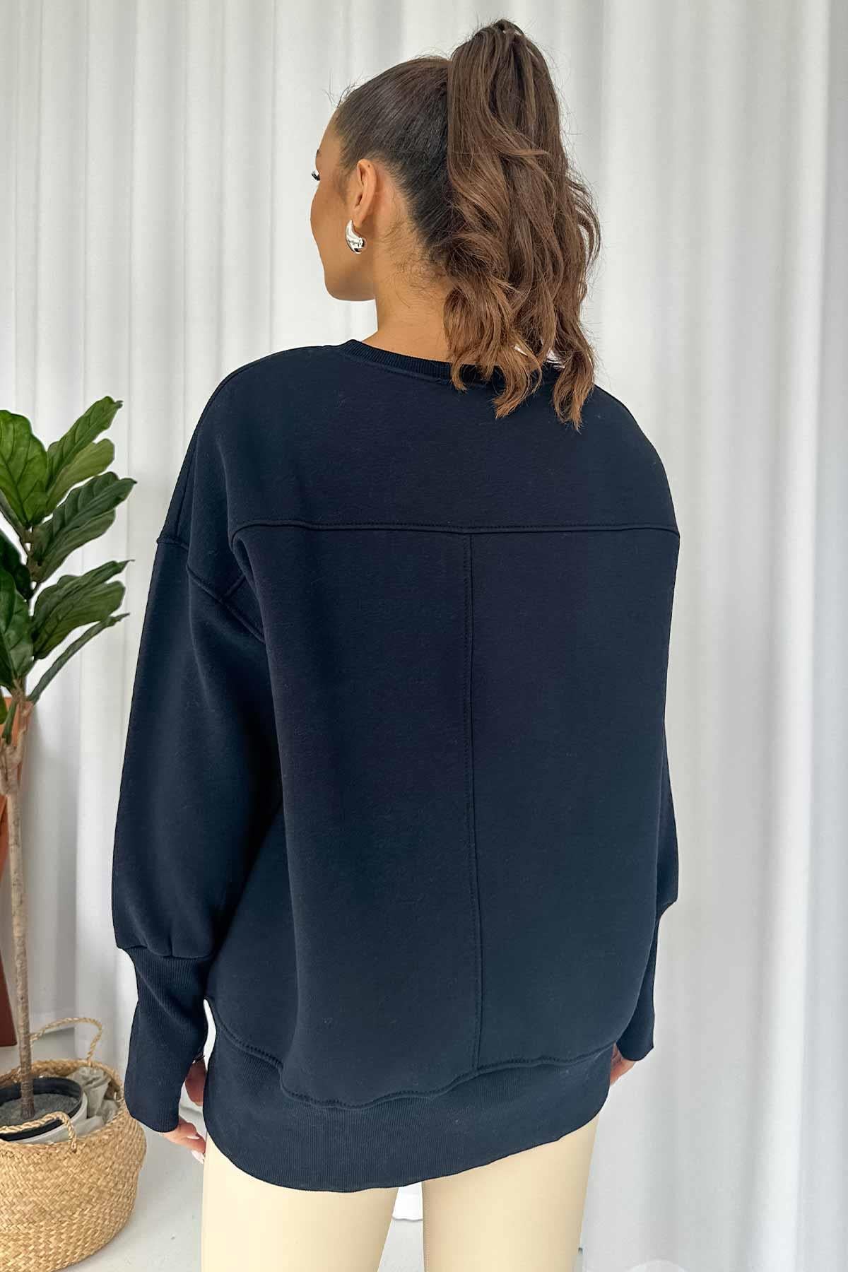 İçi Şardonlu 3 iplik Parmak Detaylı Kadın Swatshirt - Lacivert