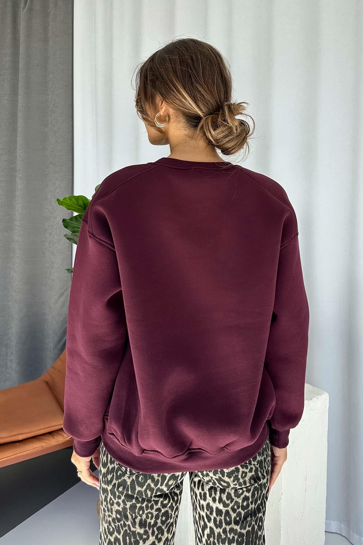 İçi Şardonlu Bisiklet Yaka 3 Renk Kadın Sweatshirt - Mürdüm