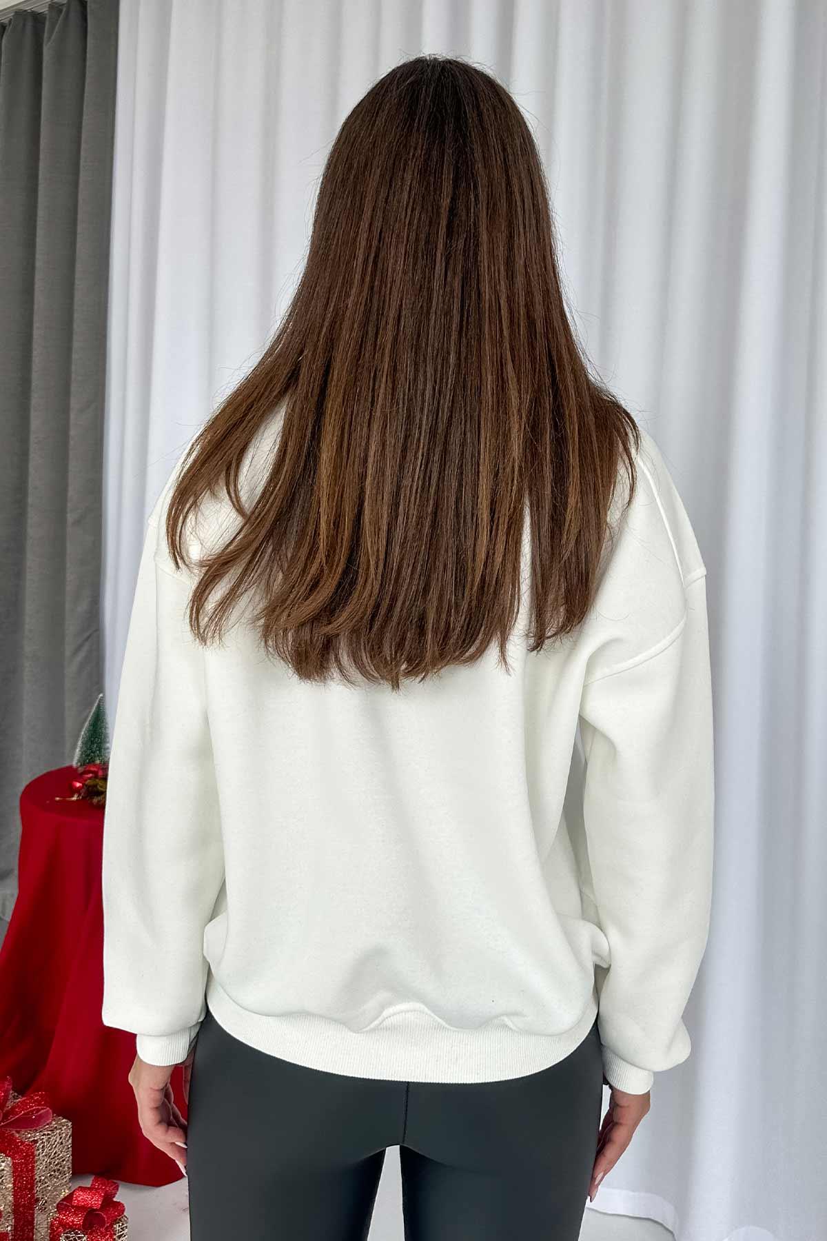 İçi Şardonlu Bisiklet Yaka Biyeli Kadın Sweatshirt - Ekru