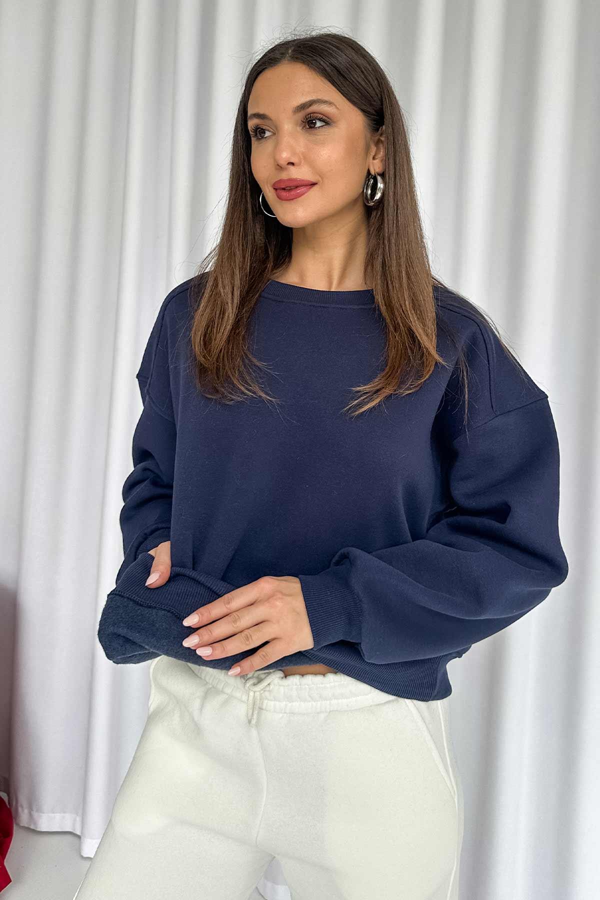 İçi Şardonlu Bisiklet Yaka Biyeli Kadın Sweatshirt - Lacivert