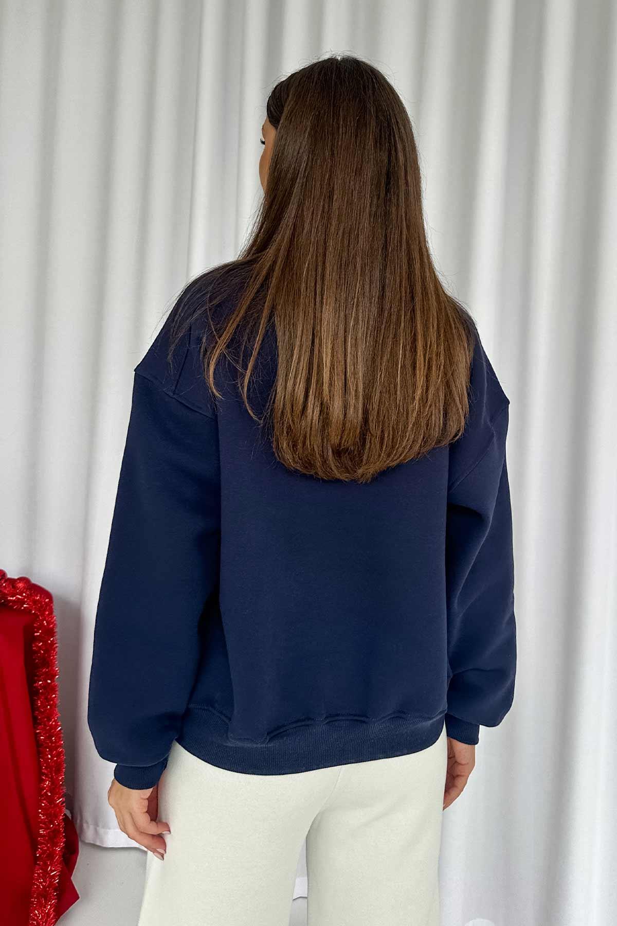 İçi Şardonlu Bisiklet Yaka Biyeli Kadın Sweatshirt - Lacivert