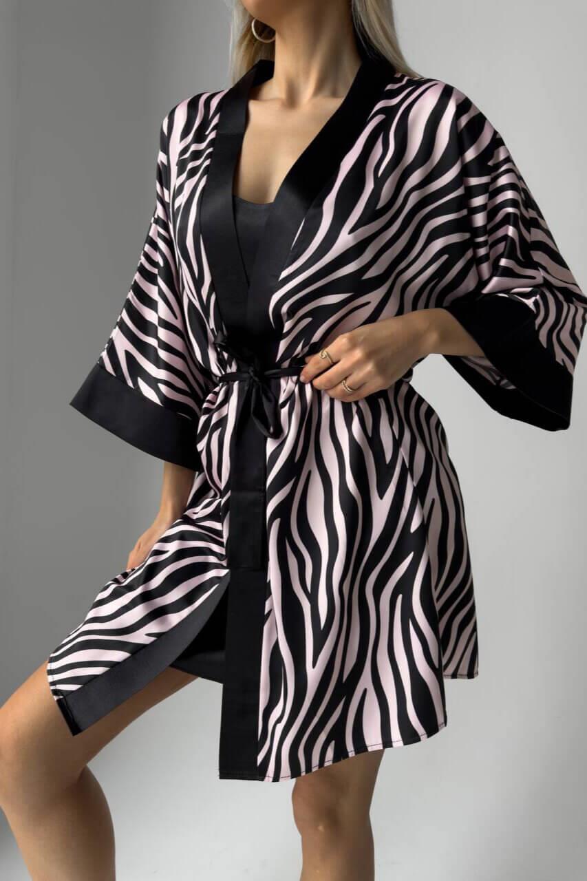 İnce Askılı Pembe Zebra Gecelik Takımı