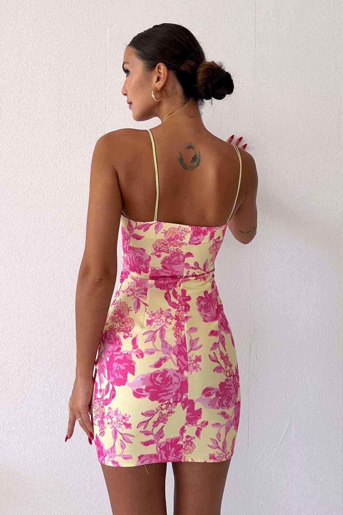 İp Askı Pembe Gonca Çiçek Elbise