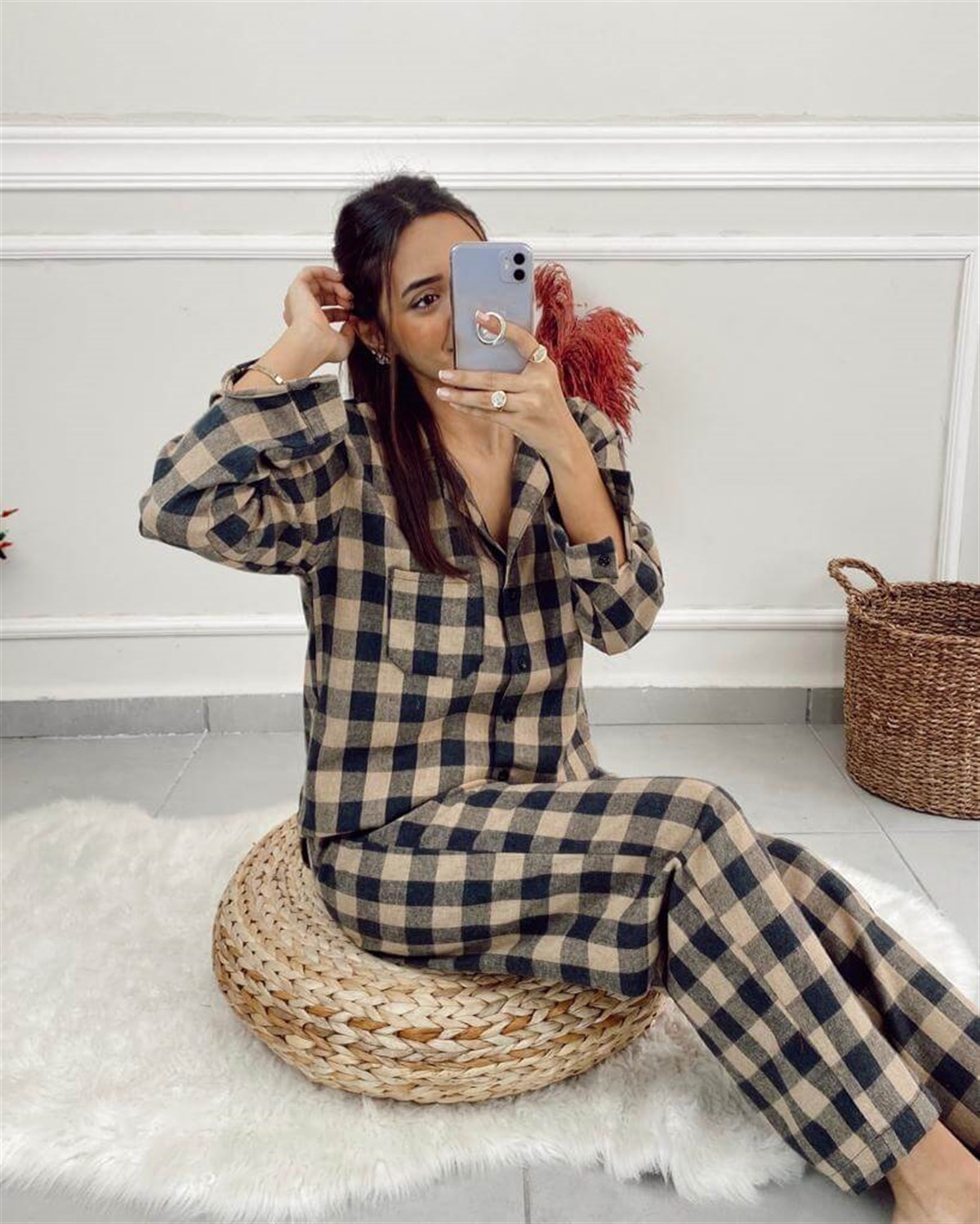 Kahve Siyah Kareli Pijama Takımı