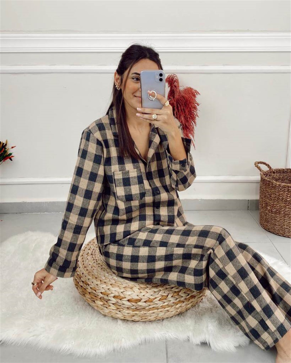 Kahve Siyah Kareli Pijama Takımı