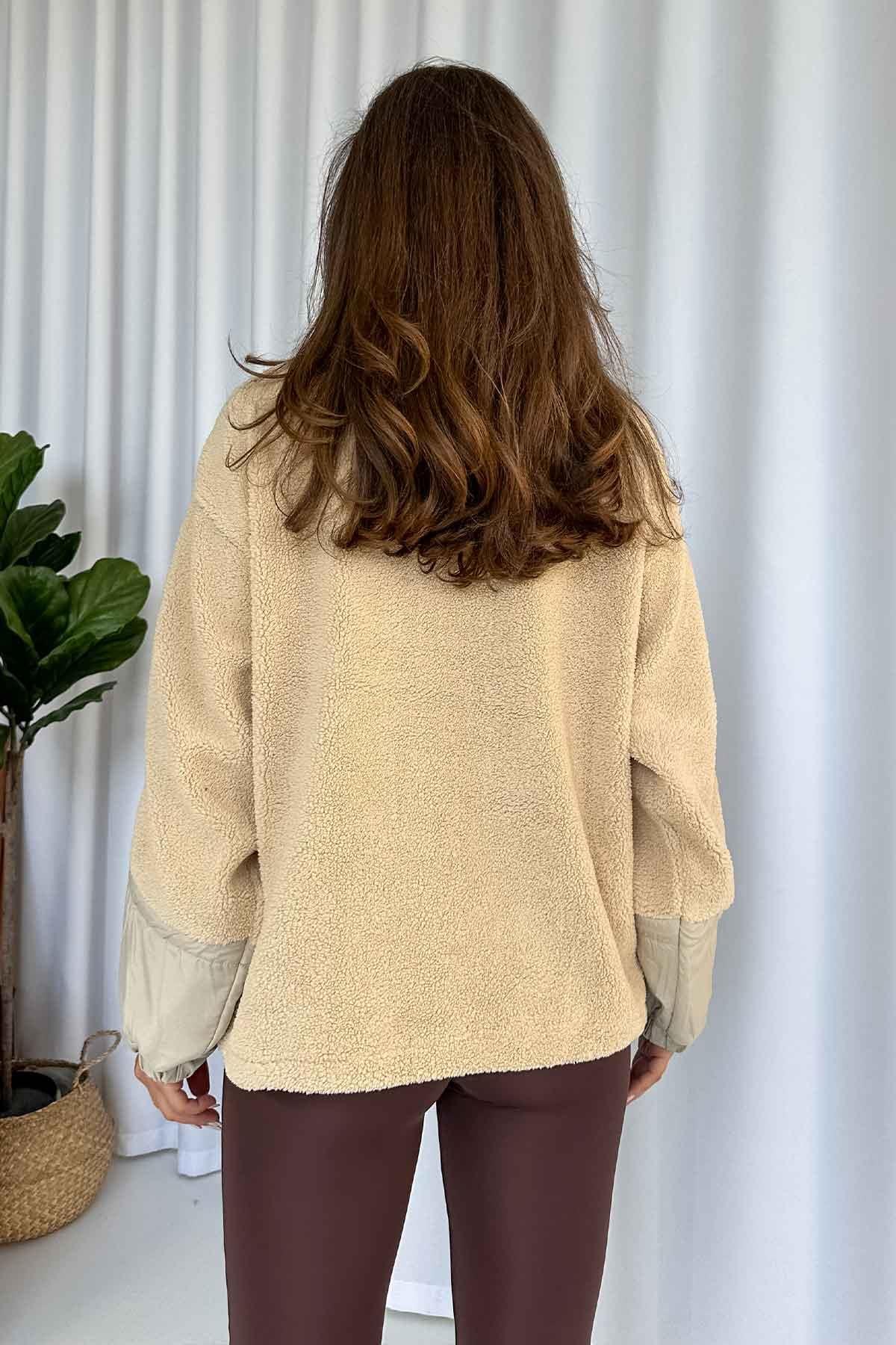 Kanguru Cepli Peluş Sweatshirt - Bej