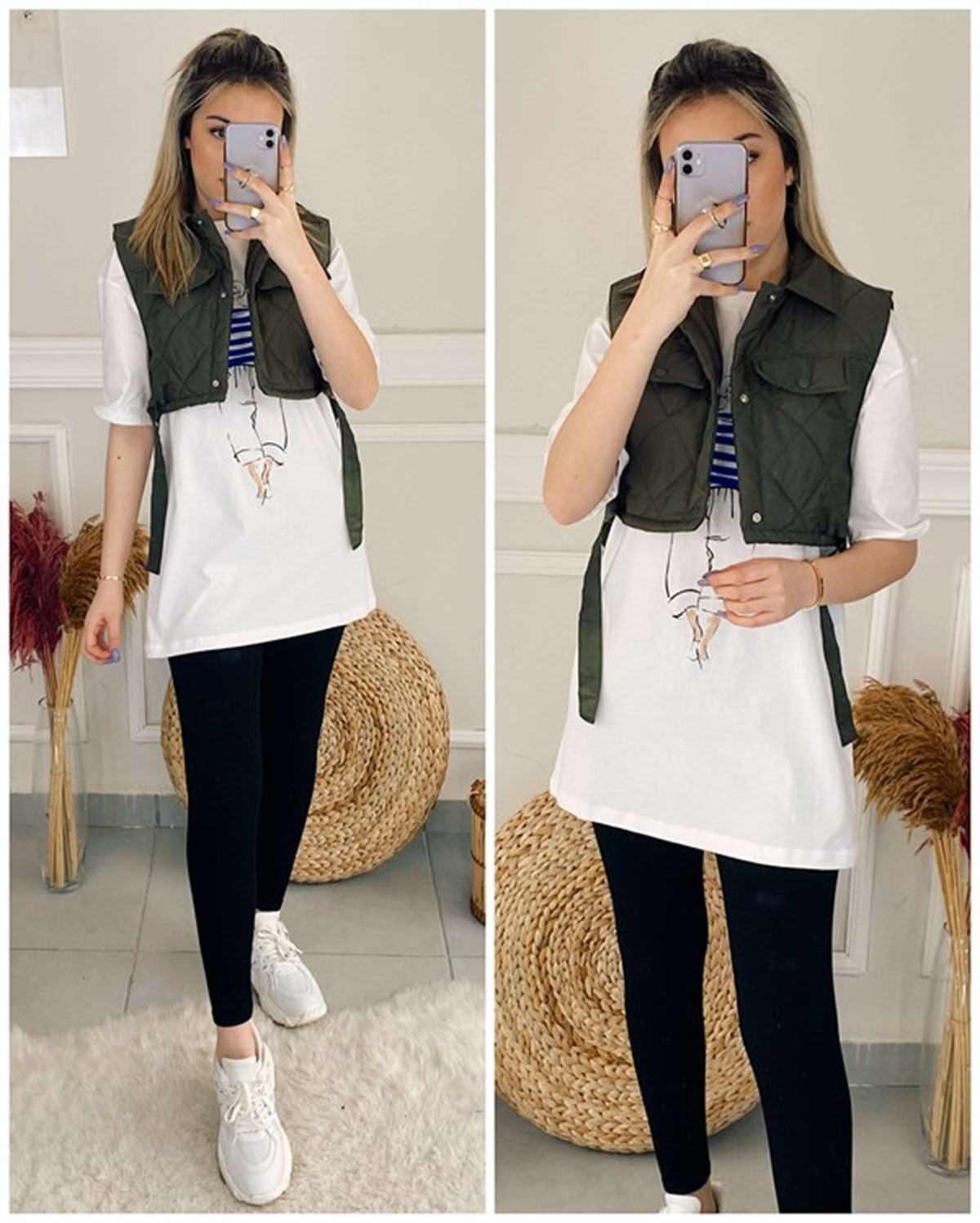 Kapitone Crop Yelek - Haki