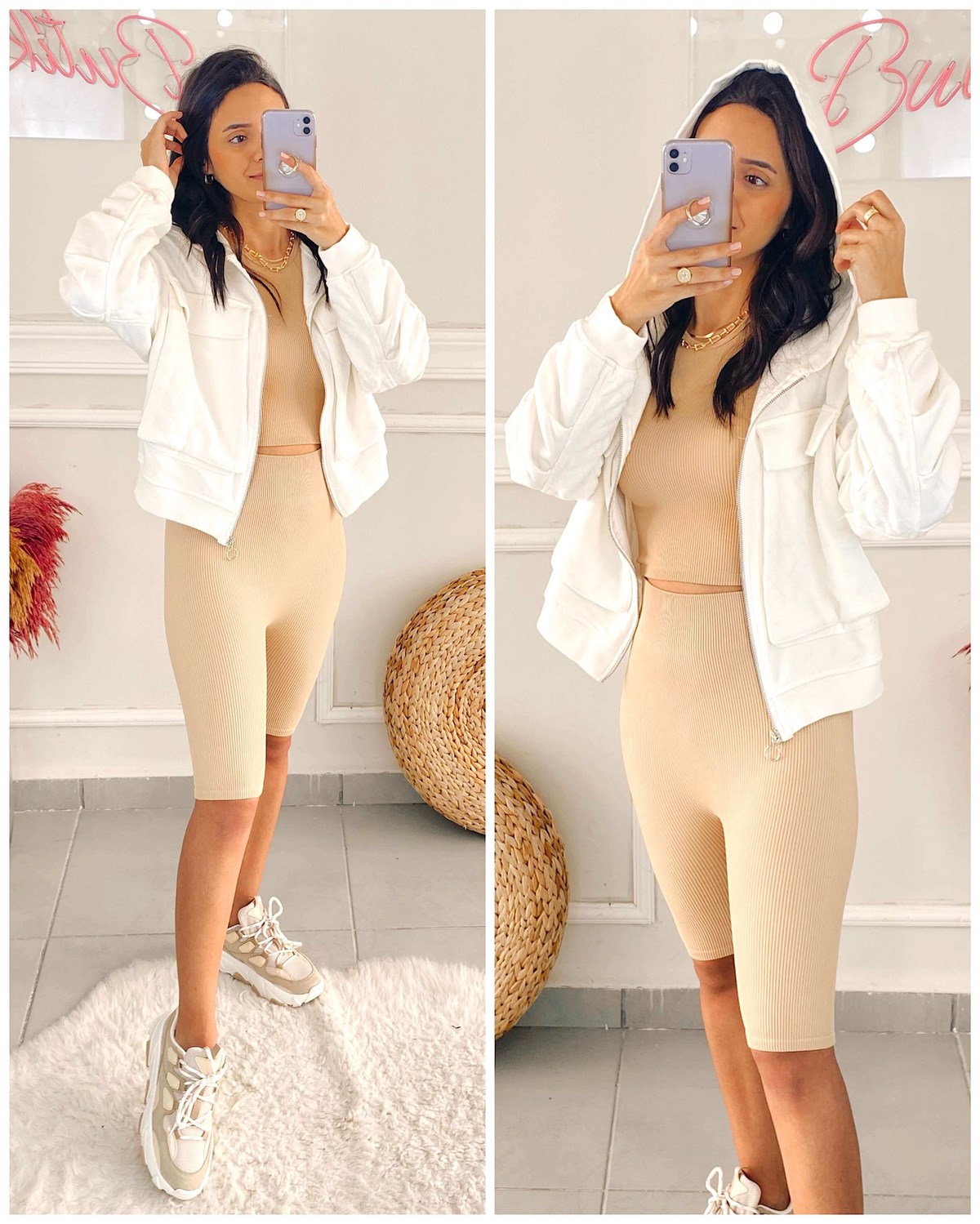 Kapitone Detaylı Sweatshirt Ekru
