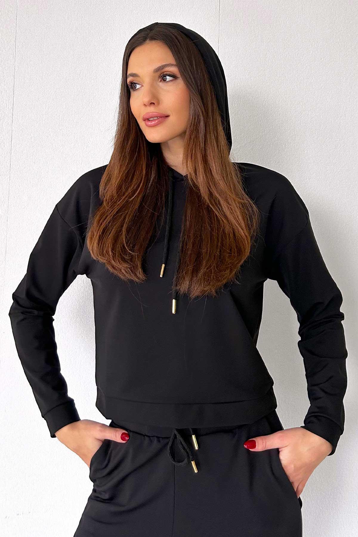 Kapşonlu Şardonlu Spor Kadın Sweatshirt - Siyah