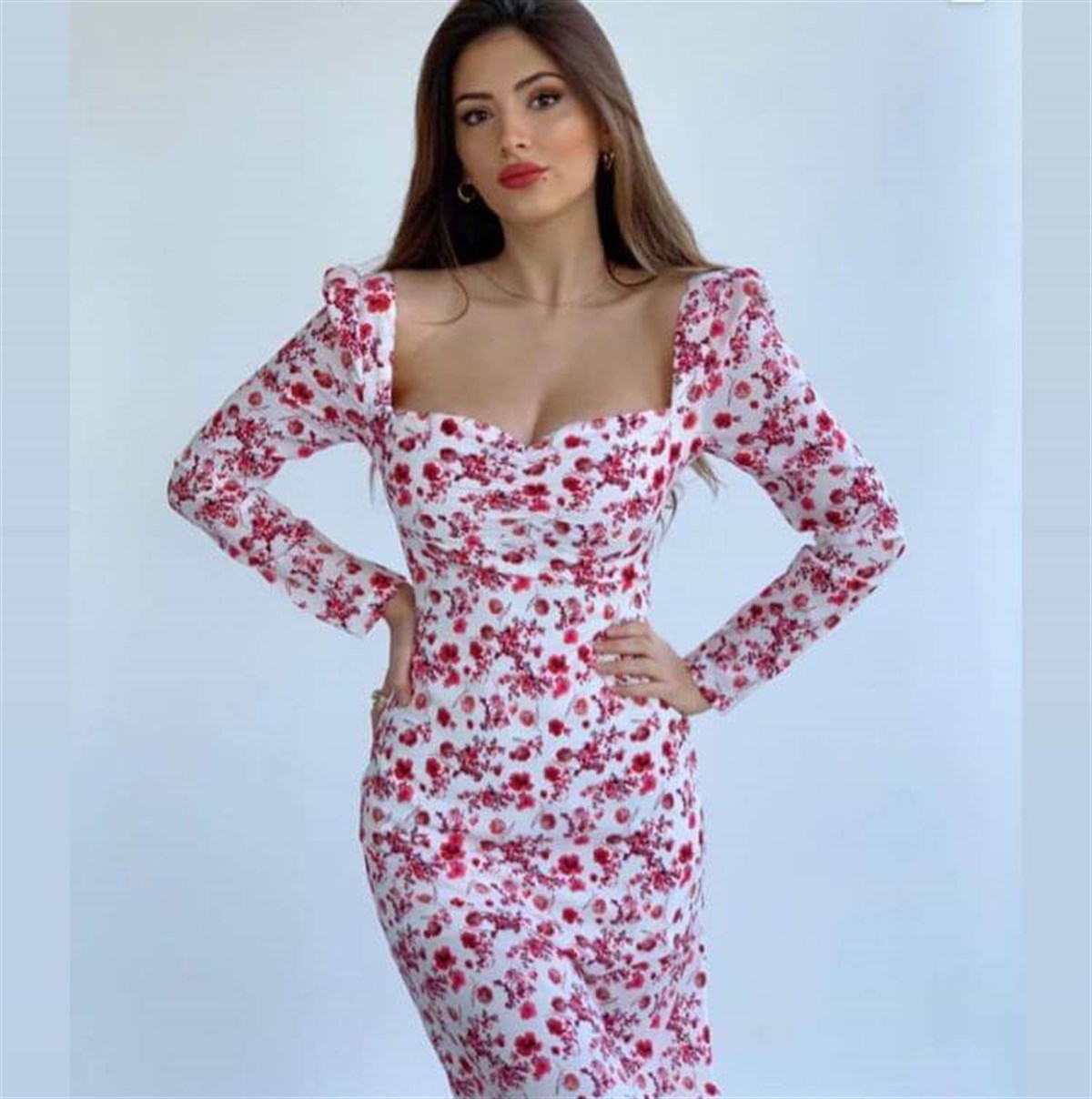 Kare Yaka Midi Boy Kadın Elbise