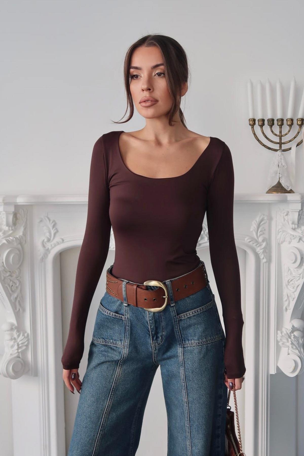 Kare Yaka Sandy Kumaş Basic Kadın Body - Kahverengi