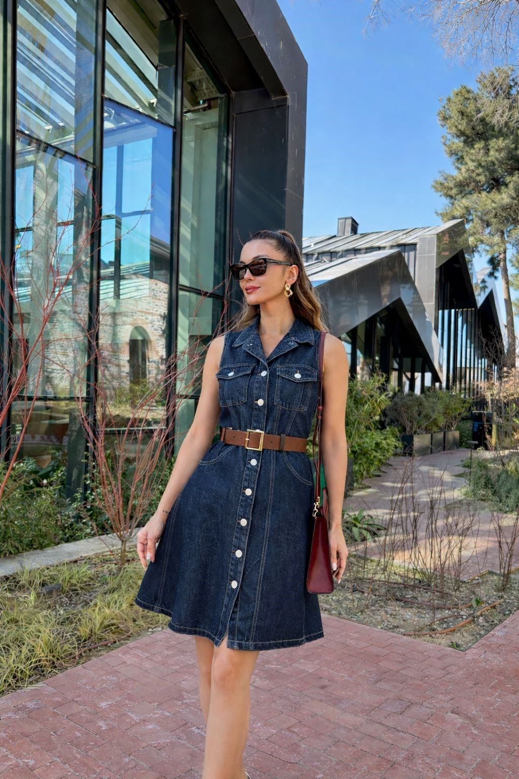 Kemer Detaylı Denim Kiloş Kesim Kadın Elbise - Lacivert
