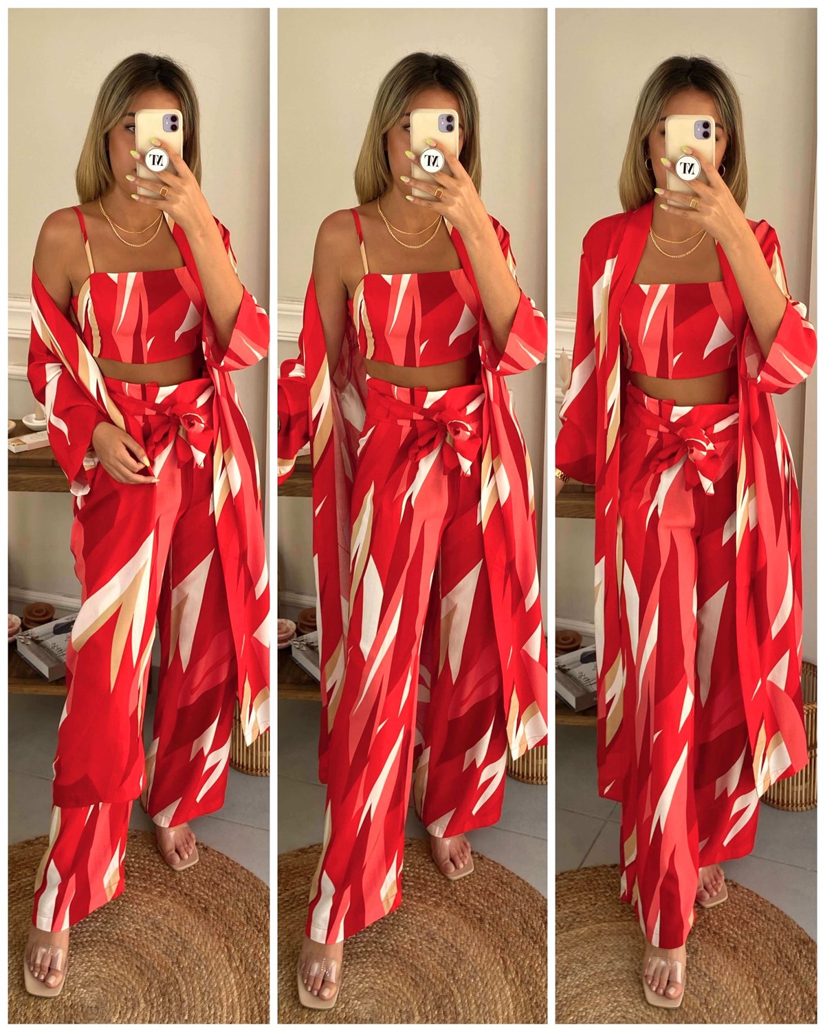 Kimono Pantolon Crop 3'lü Desenli Takım