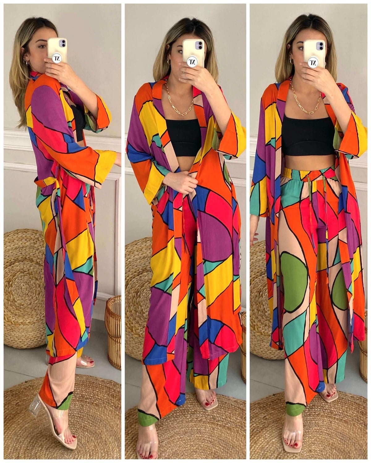 Kimono Pantolon Rengarenk Desenli Takım