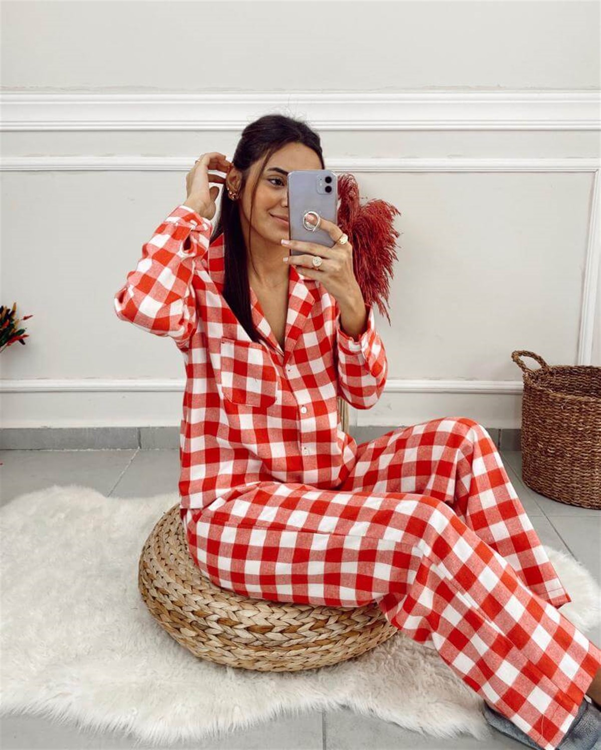 Kırmızı Beyaz Kareli Pijama Takımı
