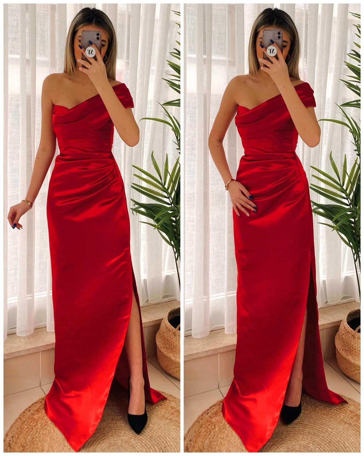 Kırmızı İpek Saten Drape Abiye