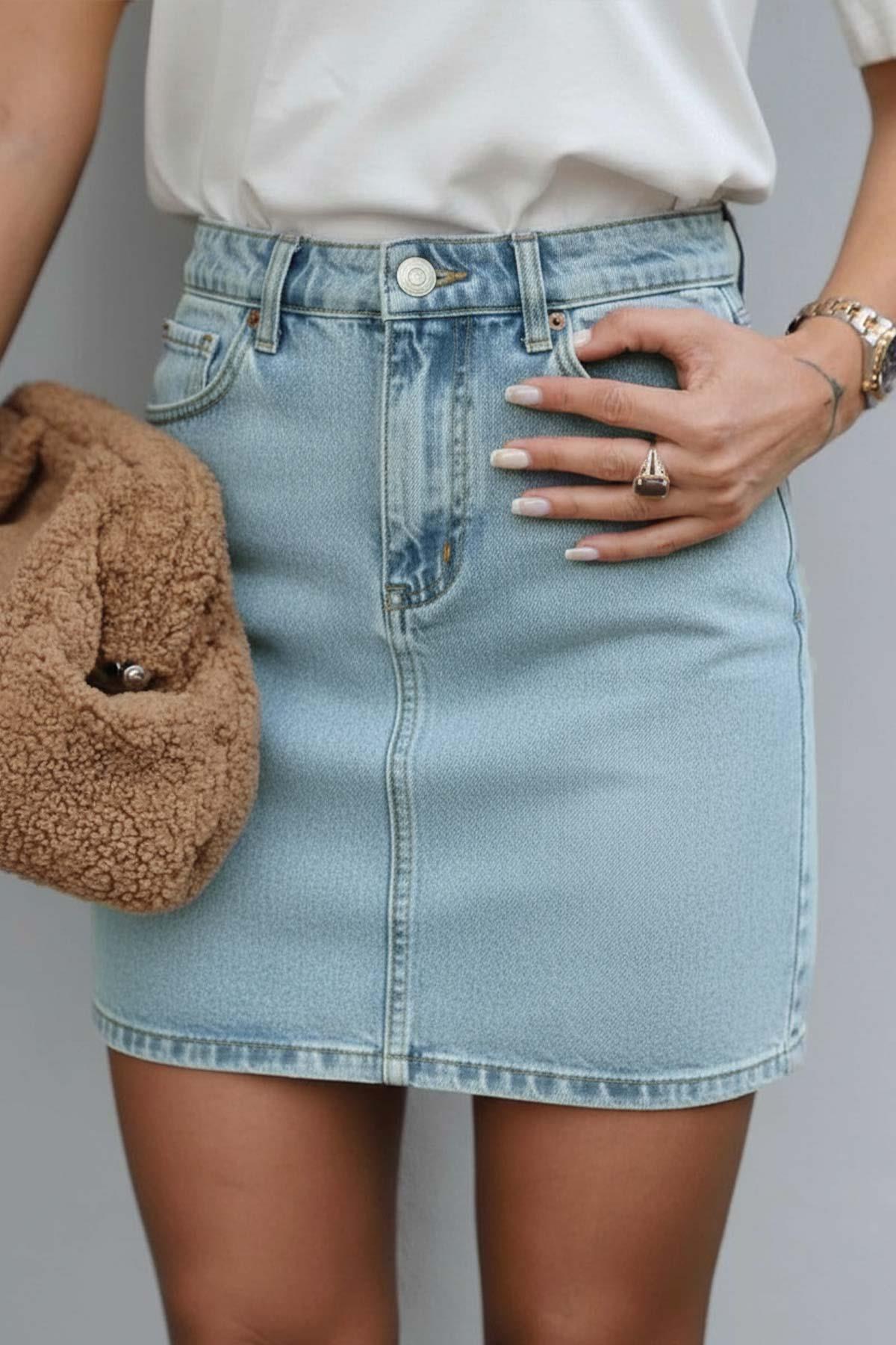 Kısa Denim Etek - Açık Mavi