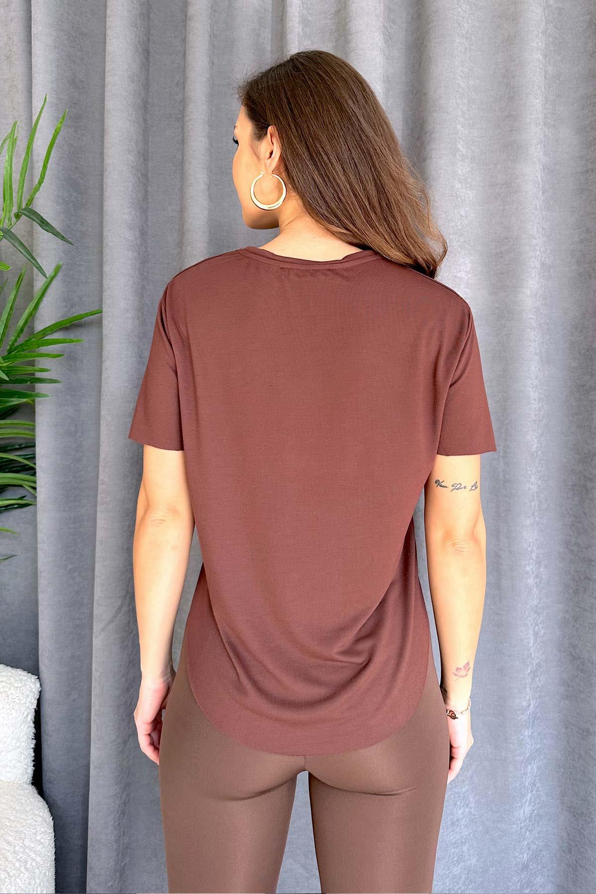 Kısa Kol Bisiklet Yaka Modal Kumaş Kadın T-shirt - Kahverengi