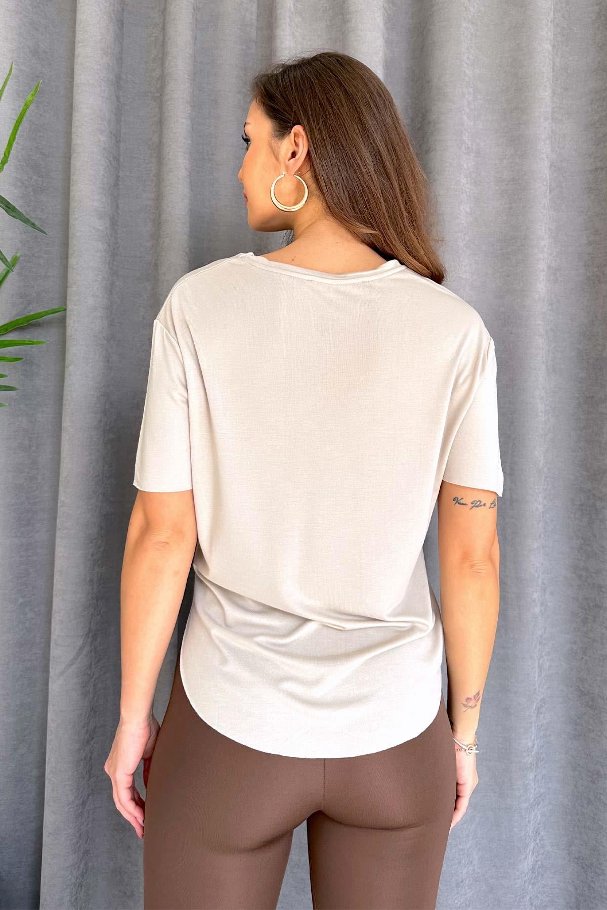Kısa Kol Bisiklet Yaka Modal Kumaş Kadın T-shirt - Taş