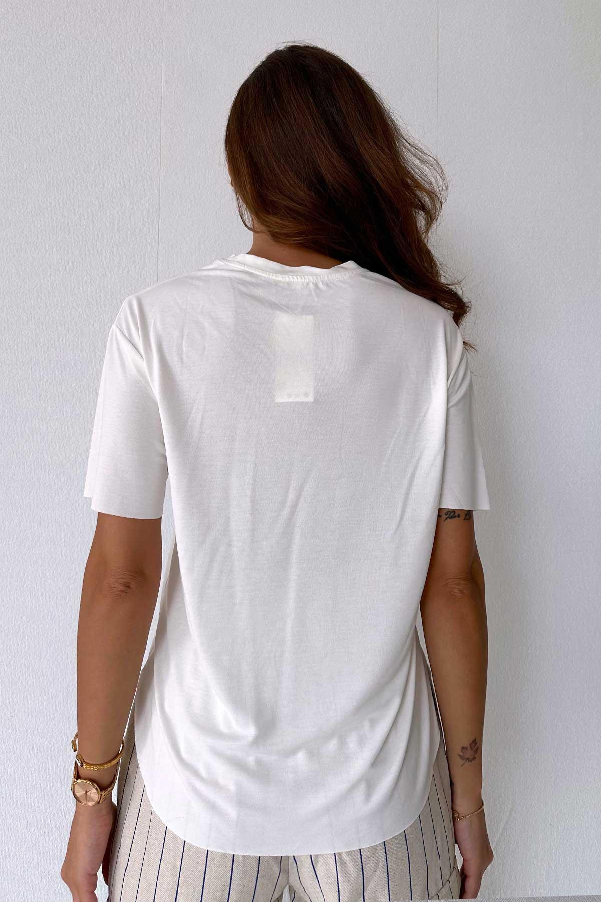 Kısa Kol Bisiklet Yaka Modal Kumaş Kadın T-shirt - Beyaz