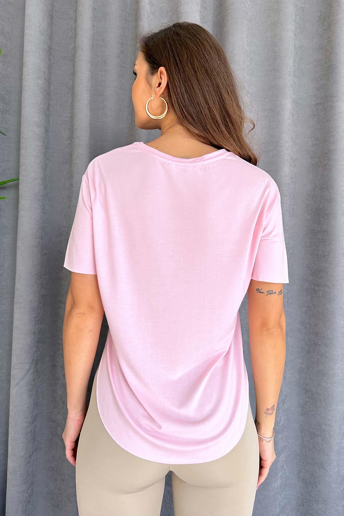Kısa Kol Bisiklet Yaka Modal Kumaş Kadın T-shirt - Pembe