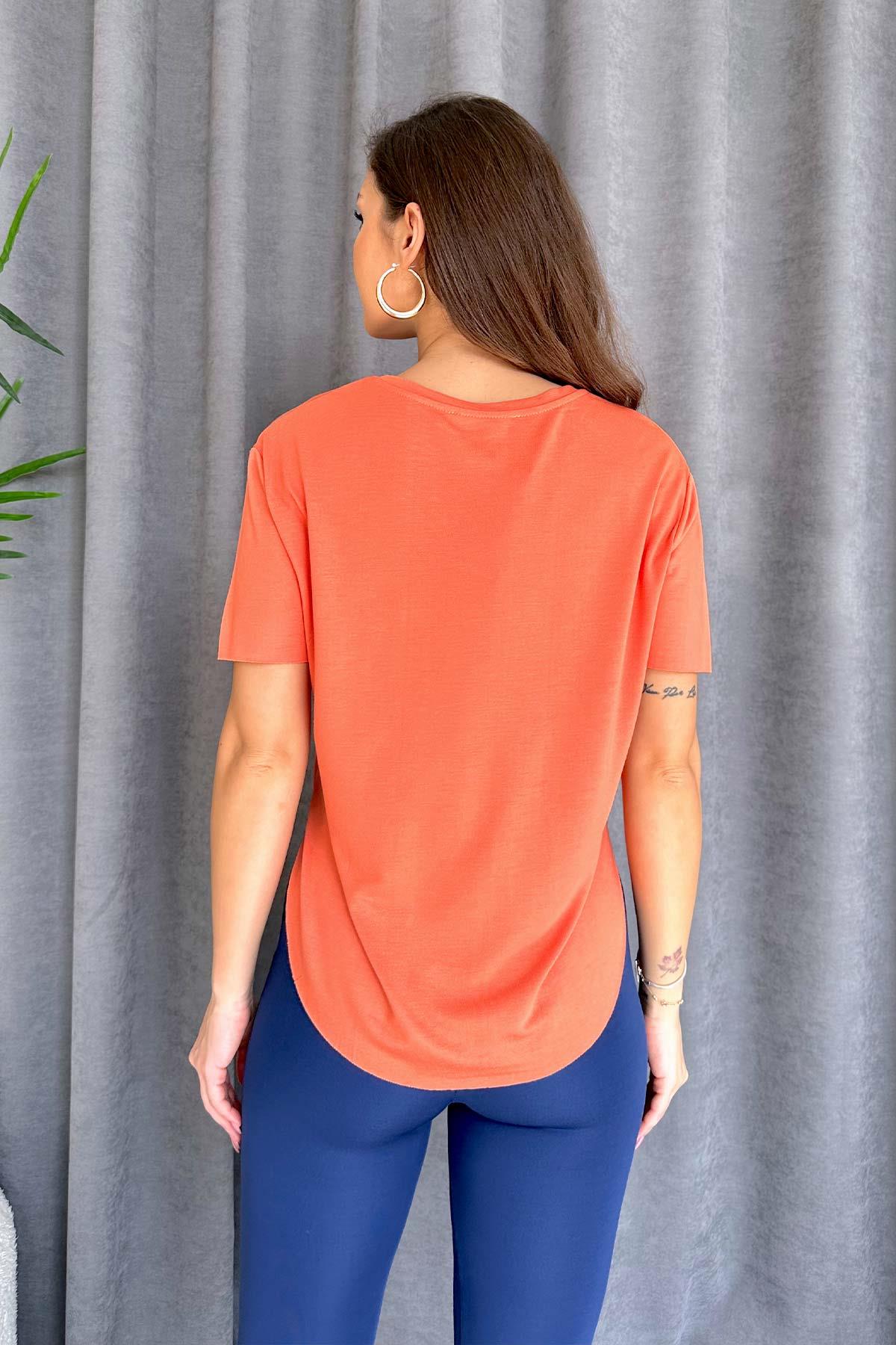 Kısa Kol Bisiklet Yaka Modal Kumaş Kadın T-shirt - Orange
