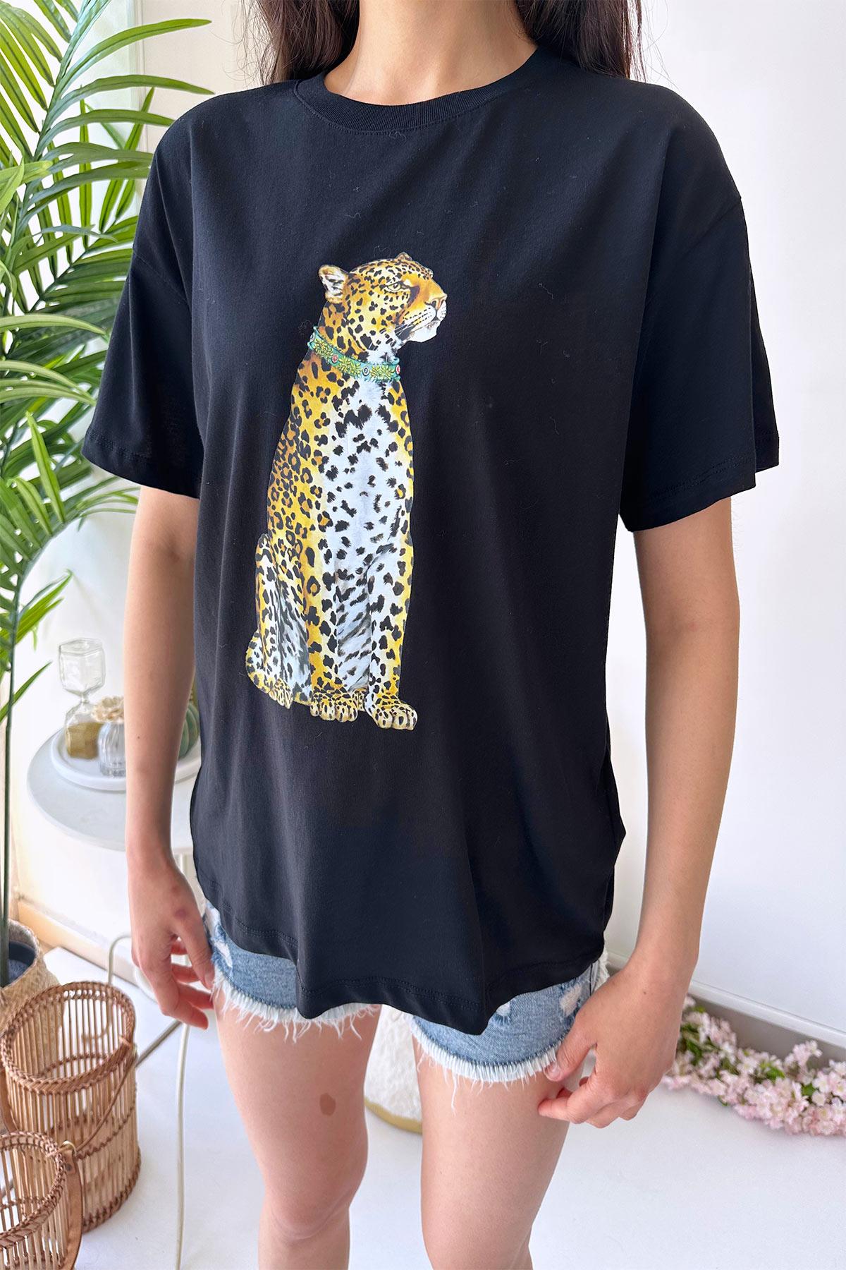 Kısa Kol Leopar Baskılı Kadın T-shirt - Siyah