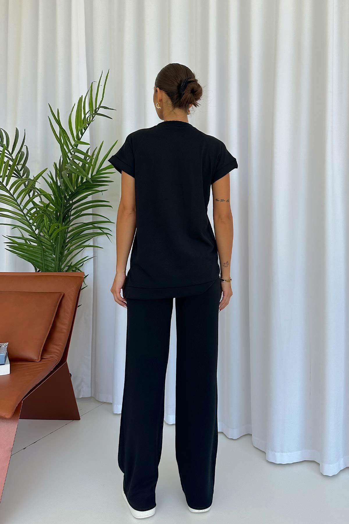 Kısa Kol Modal Sweat Palazzo  Kadın Takım - Siyah