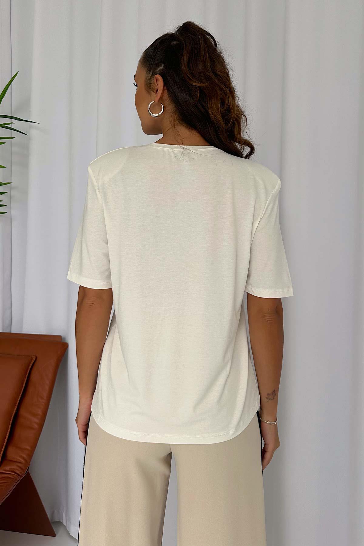 Kısa Kol Omuz Vatkalı T-Shirt - Beyaz