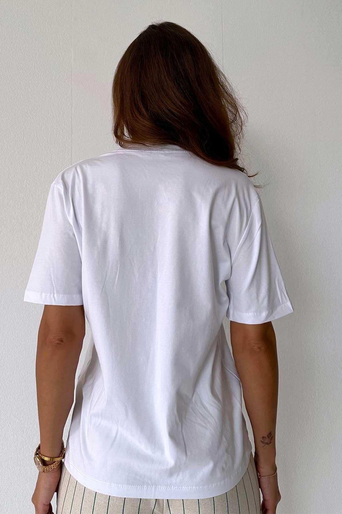 Kısa Kol V  Yaka  Kadın T-shirt - Beyaz
