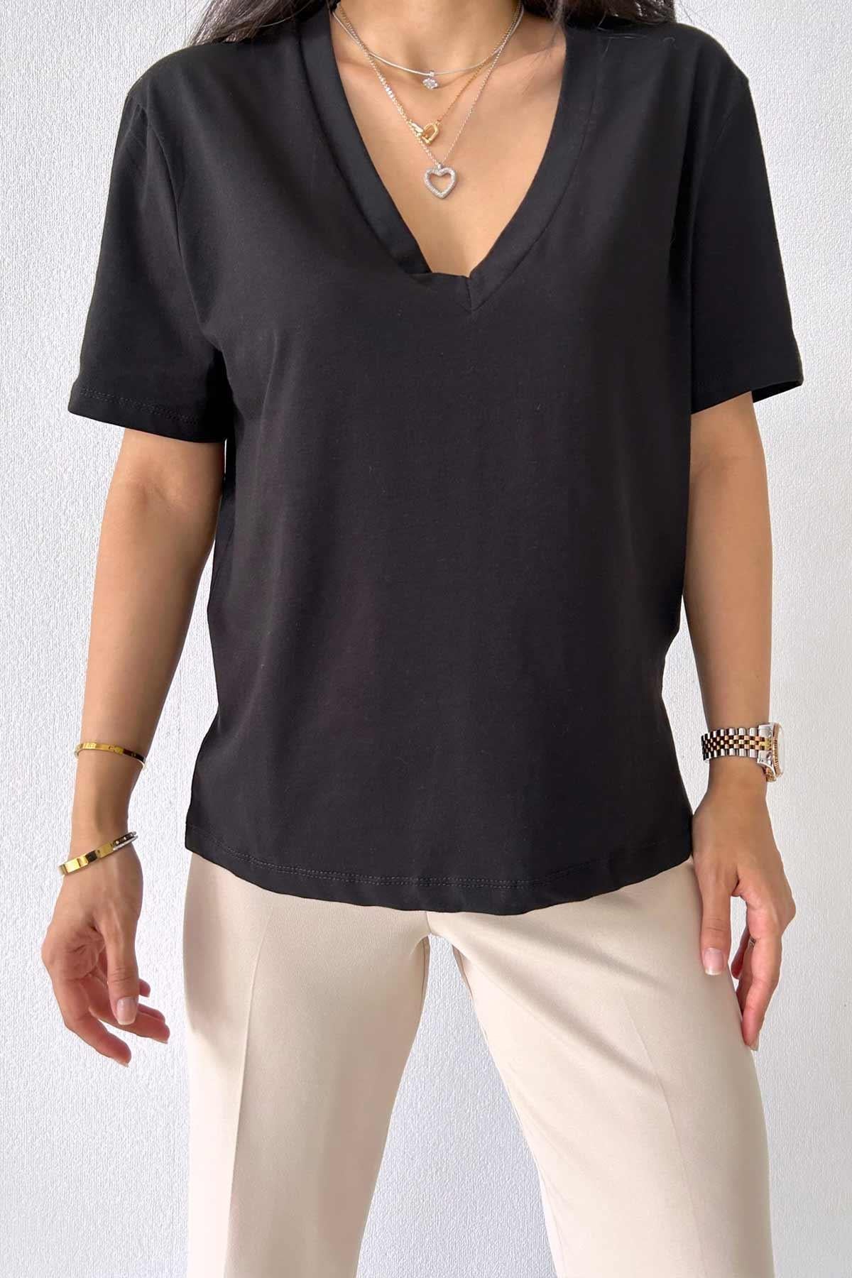 Kısa Kol V  Yaka  Kadın T-shirt - Siyah