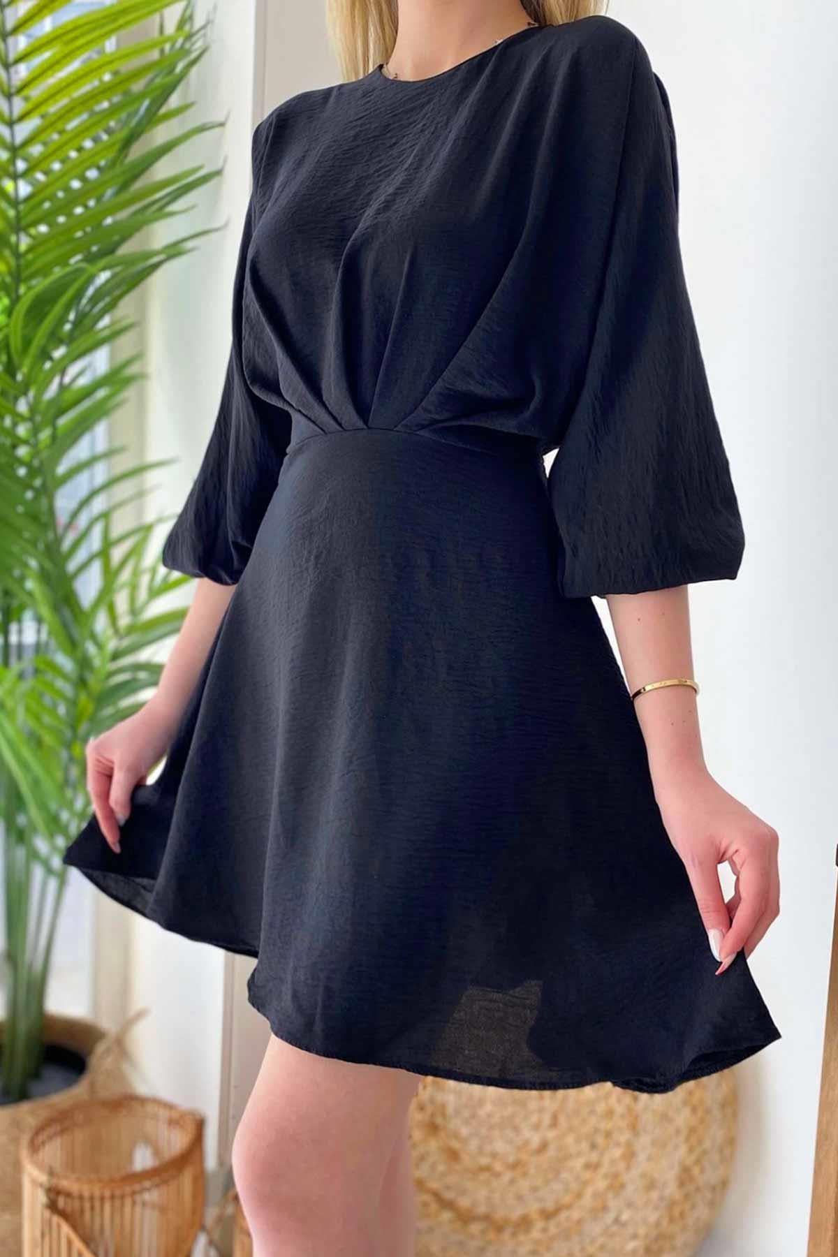 Kolları Lastik Detaylı Linda Elbise - Siyah